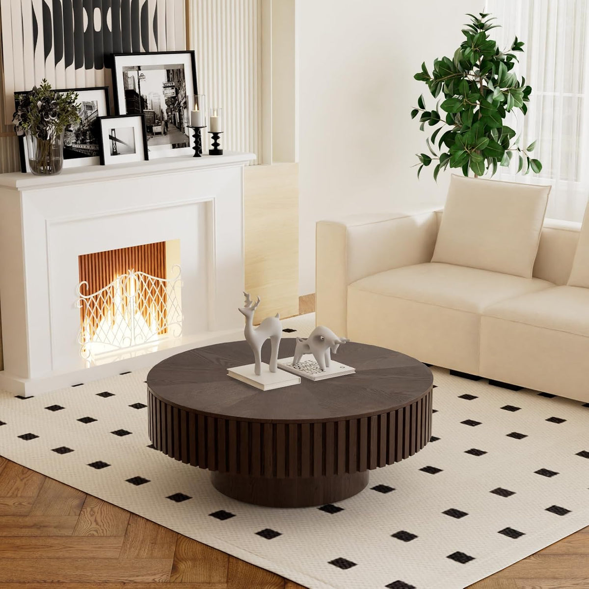 31" Brown Round Wood Fluted Drum Coffee Table with Storage (H, 1PC)