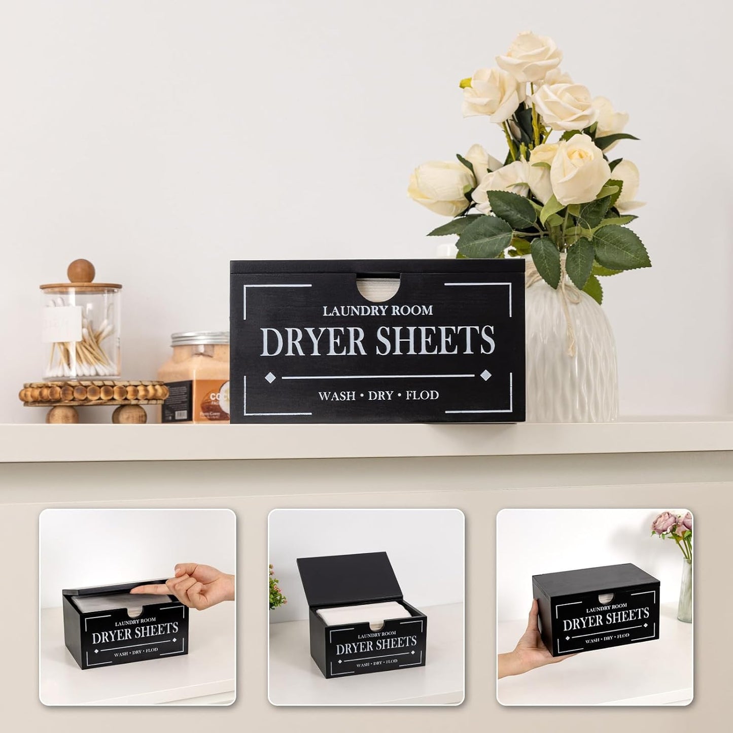 HouseJoy Dryer Sheet Holder-Black Dryer Sheet Container with Lid,Wooden Laundry Room Organization and Storage,Rustic Farmhouse Dryer Sheet Dispenser for Laundry Room Decor,Fabric Softener Containers
