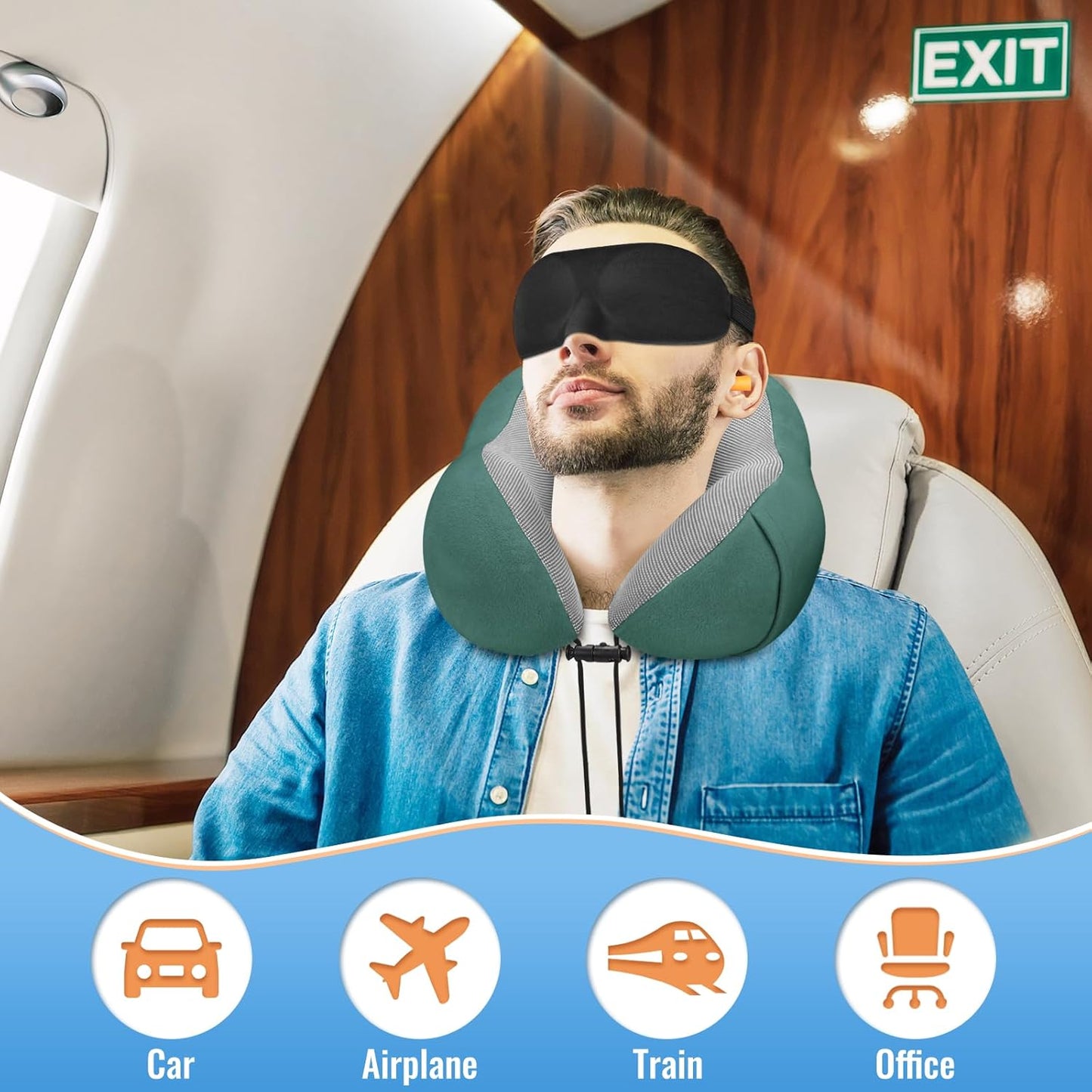 CloudBliss Travel Pillow for Airplane, Set of 2 Memory Foam Neck Pillow for Travel, Travel Neck Pillow for Long Flight, Car & Office, Trip Accessories with Eye Mask, Earplugs, Carry Bag, Black & Green