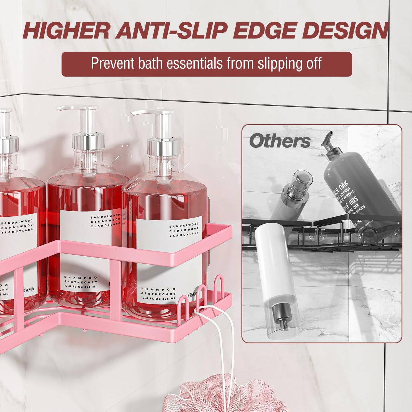 Youvip 4-Pack Adhesive Corner Shower Caddy with Soap Holder, No Drilling Wall Mounted Shower Shelves-Rustproof, Organizer for Bathroom, Kitchen & Home Decor. Pink