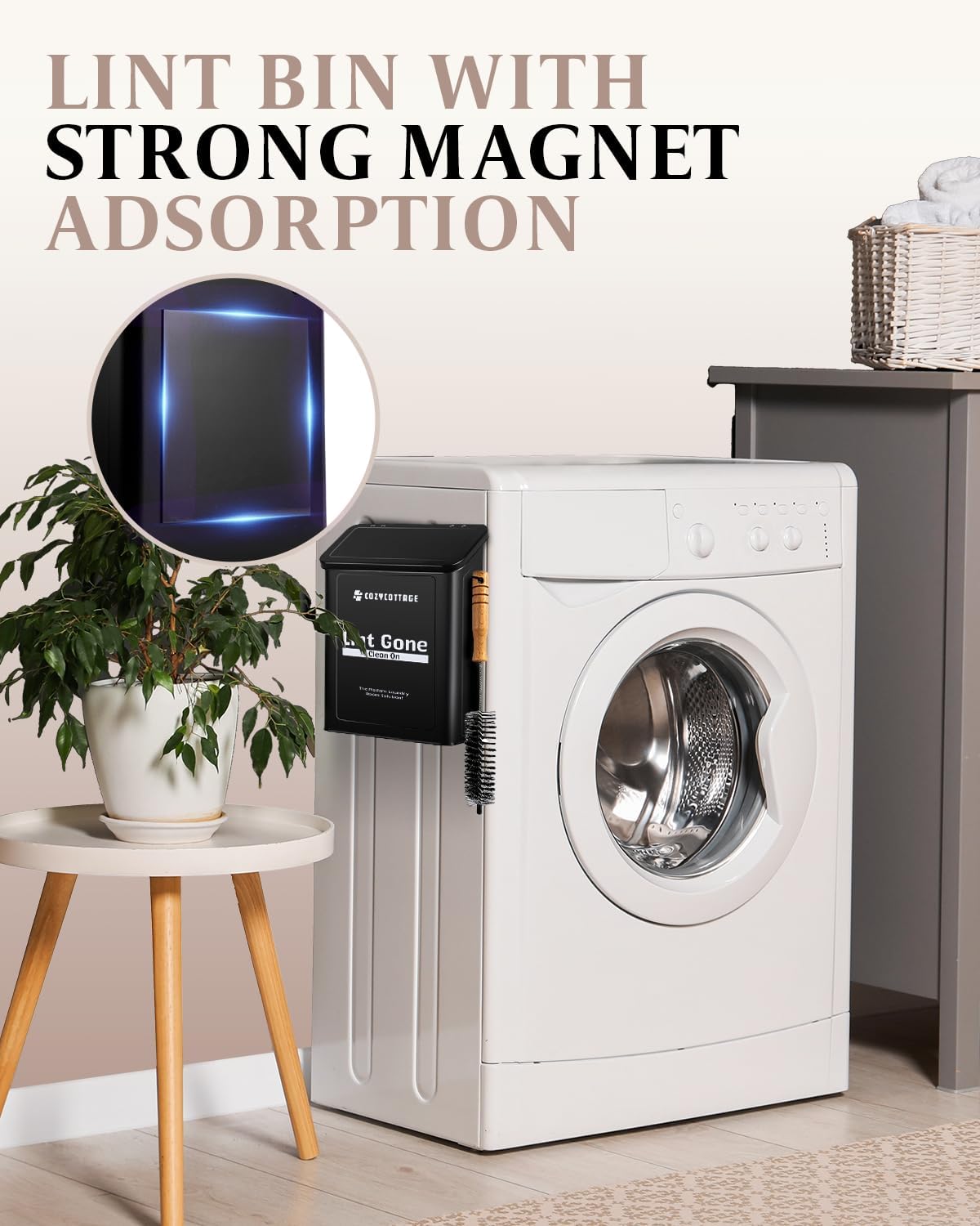 COZYCOTTAGE Magnetic Lint Bin for Laundry Room Organization and Storage With Brush & Hooks - Wall Mounted Dryer Lint Trash Can for Laundry Room Decor (Black)