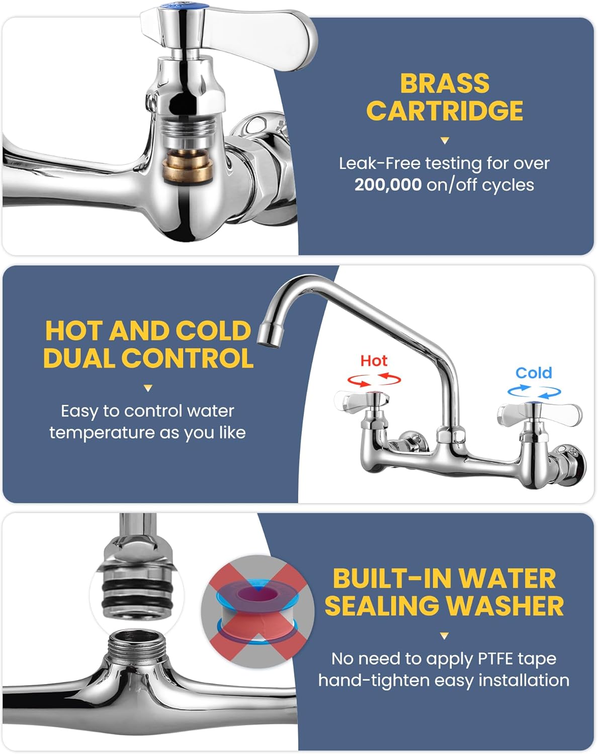 Commercial Sink Faucet with 10” Swivel Spout, 8" Center Wall Mount Kitchen Faucet, Dual Handles Brass Utility Sink Faucet for Laundry Room Restaurant Compartment Sink, Polish Chrome