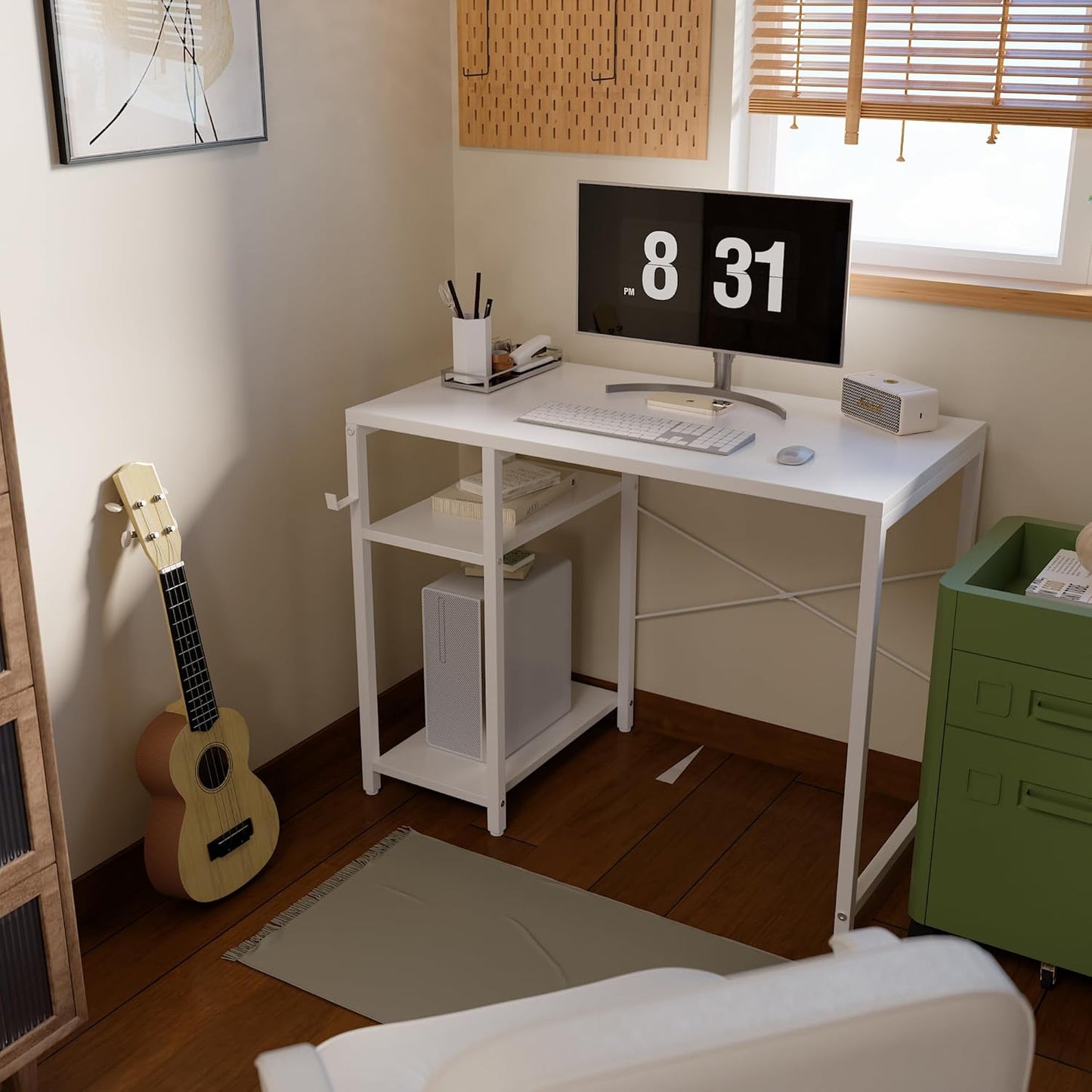 Pamray 32 Inch Small Computer Desk with Shelves, Home Office Desk with Headphone Hook for Bedroom, Study Writing PC Table for Small Spaces, White