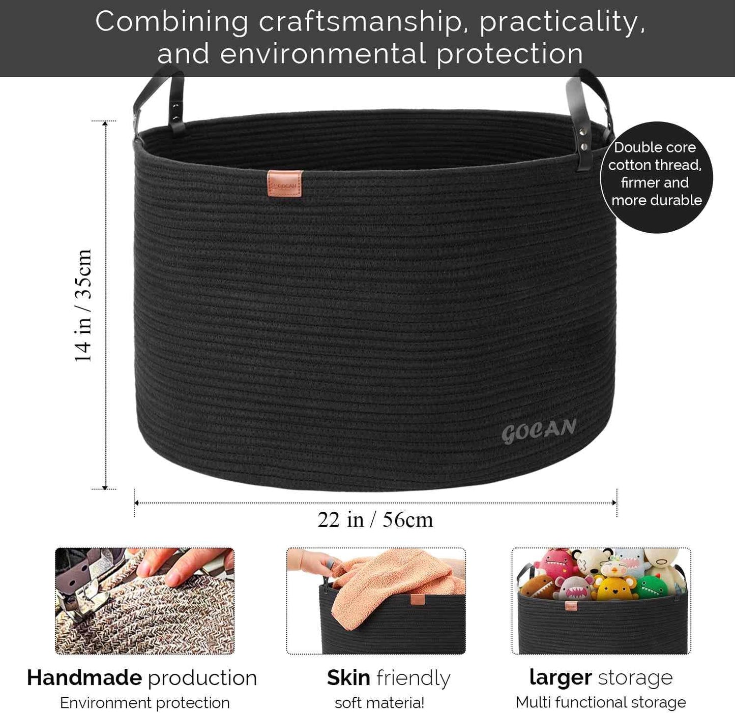 Cotton Rope Woven Laundry Basket 22"X 22"X 14" with handles (Pure Blk) XXXL | Hand-woven, ideal for storing blankets and cushions in the living room, and clothes for household storage.