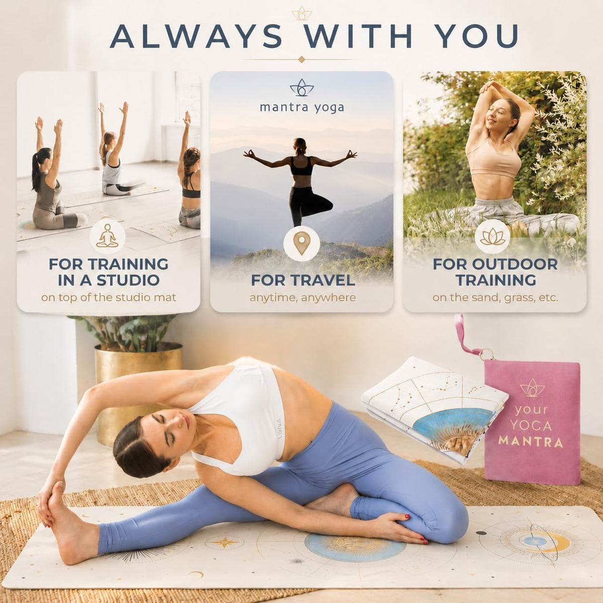 Mantra Yoga Travel PRO 1.5mm with Knee Pad - Foldable Fitness & Exercise Mat with Bag | Lightweight, Compact & Eco-Friendly | Non-Slip & Washable | For All Types of Yoga | 72" L x 24" W | 2.6 lbs
