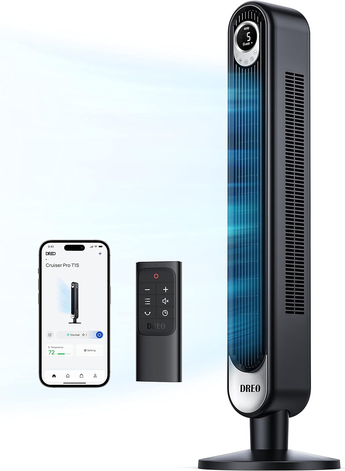 DREO Smart Tower Fan for Bedroom, Floor Standing Bladeless Oscillating Fan with Remote, 9 Speeds, 4 Modes, 12H Timer, for Indoor Bedroom Home Office, WiFi Voice Control