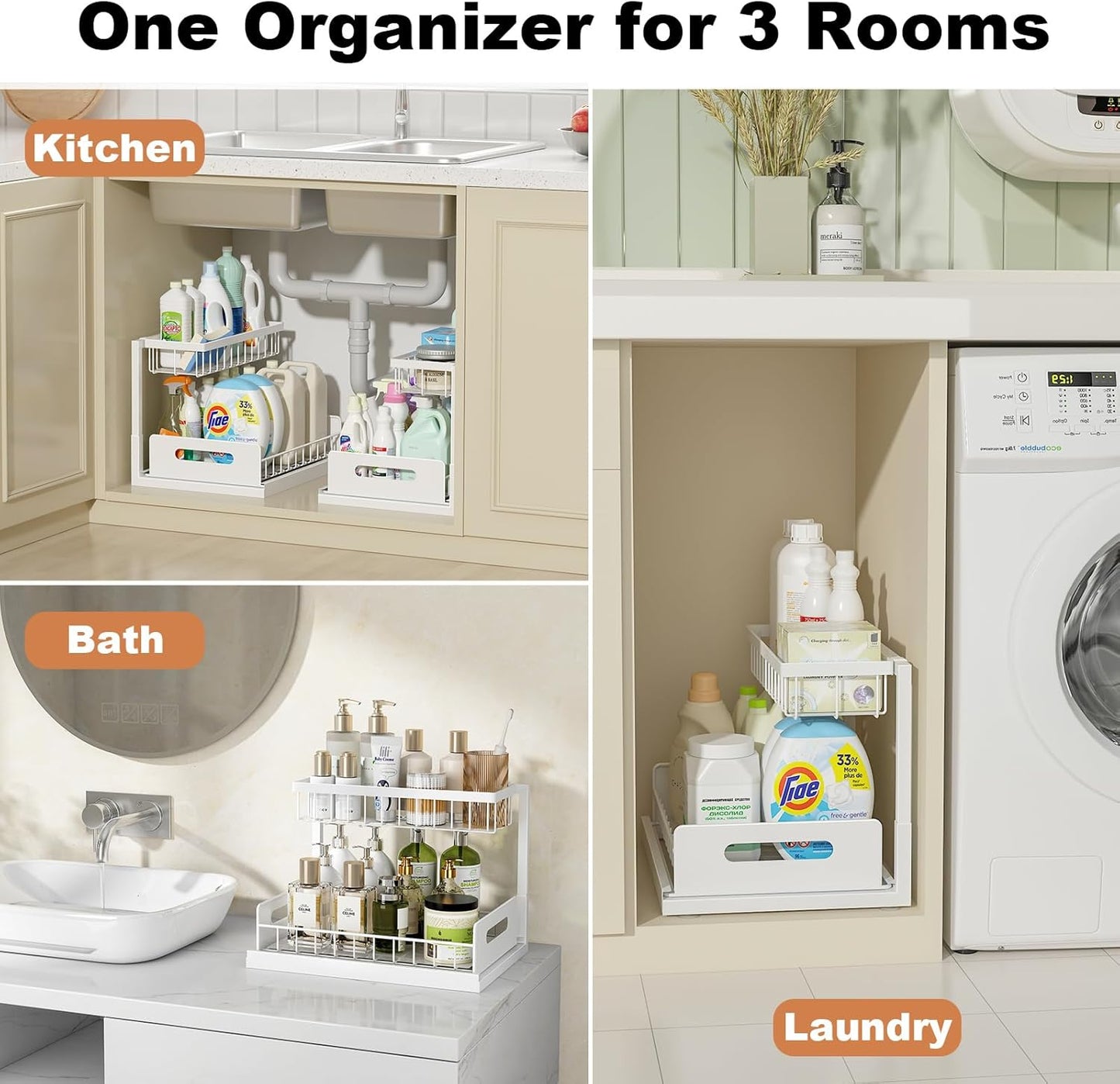 REALINN Under Sink Organizer, Pull Out Cabinet Organizer 2 Tier Slide Out Sink Shelf Cabinet Storage Shelves, Under Sink Storage for Kitchen Bathroom Cabinet, White, 1 Pack