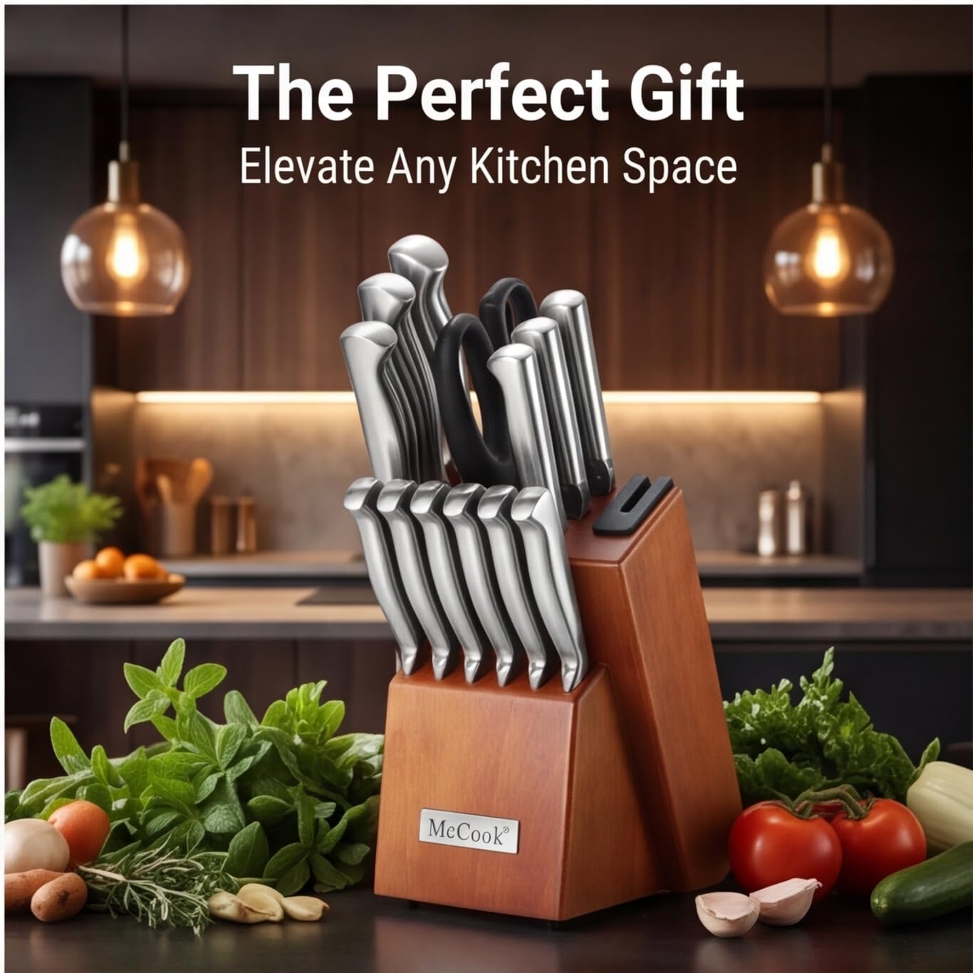 McCook® Knife Sets, German Stainless Steel Kitchen Knife Block Sets with Built-in Sharpener, 15 Piece Chef Knife and More, Razor Sharp, Restaurant Grade, Anti-Rust, Elegant Box for Gift