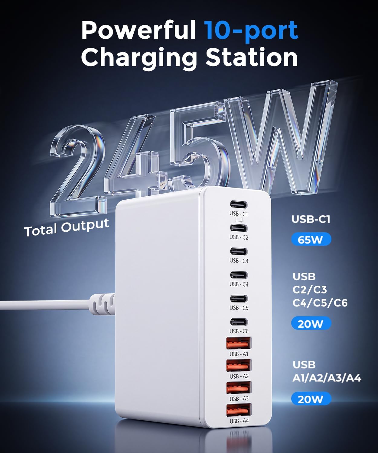 USB C Charging Station 10 Port with 4 Cables,245W GaN Charger Block | Type C Wall Charger Power Strip Adapter Plug for iPad iPhone17 16 15 14 13 12 Pro Max Pixel Note Galaxy White