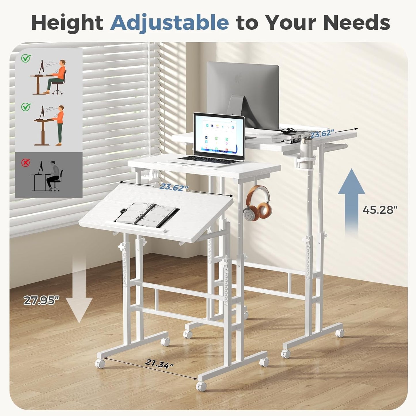 DUMOS Split Top Rolling Standing Desk 23.6 Inch Mobile Laptop Workstation Manual Height Adjustable Sit Stand Office Table Walking Pad Study Surface Portable Home Office Computer Cart White