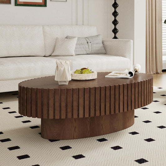 Handmade Wood Oval Coffee Table (Walnut 43.3 in) | Contemporary Style for Living Room, Pedestal Design & Easy Assembly