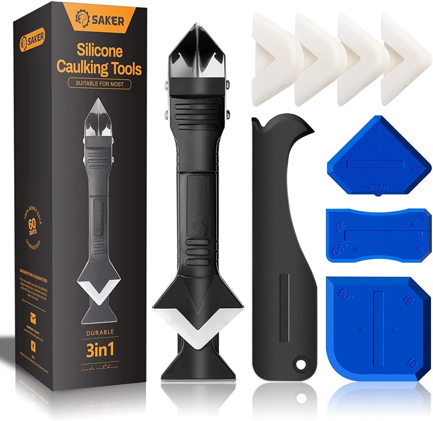 Saker Silicone Caulking Tool 3-in-1 Grout Removal Tool and Sealant Finishing Scraper with Stainless Steelhead, Caulk Remover and Seam Repair Kit for Bathroom, Kitchen, Floor, Window and Sink Joints