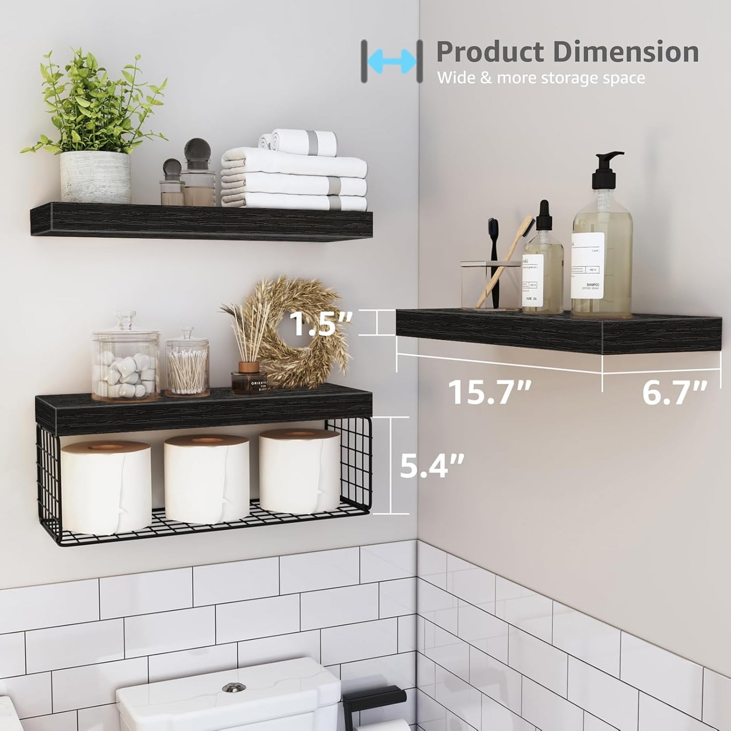 QEEIG Bathroom Shelves Over Toilet - Wall Mounted Floating Shelves Toilet Paper Storage Small Farmhouse Decor Shelf 16 inch Set of 3, Black (019-B3)