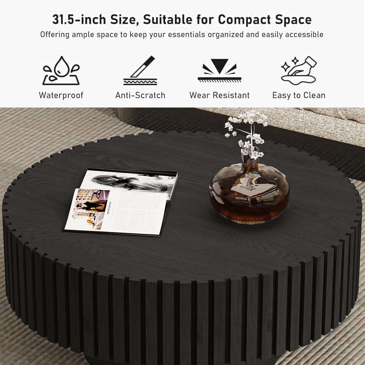 31.5" Round Black Coffee Table for Living Room (Black 31.5") | Mid Century Modern, Drum Fluted Coffee Table with Sturdy Pedestal, Circle Center Table, Accent Tea Table for Apartment