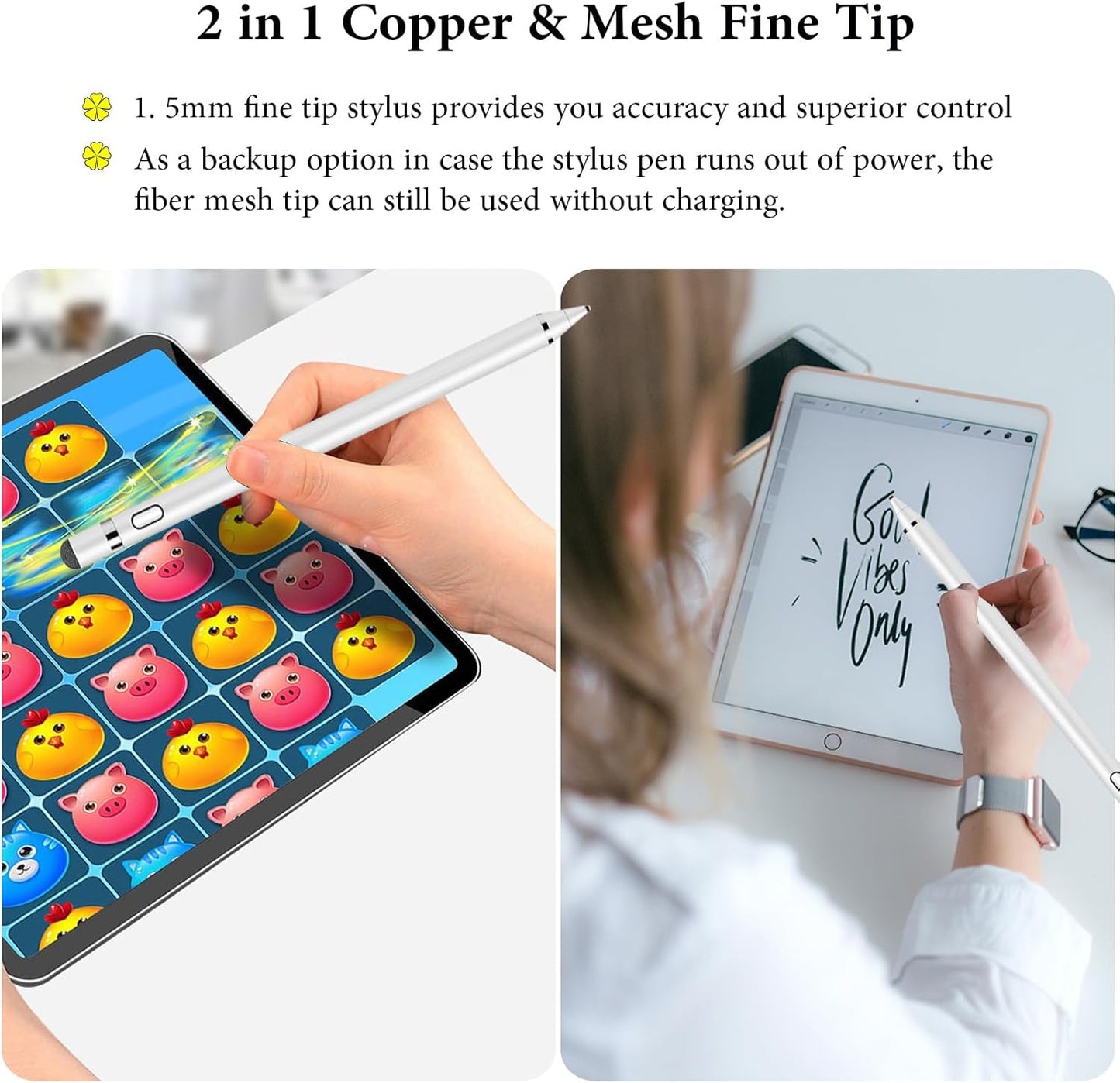 Kenkor Stylus Pen for Touchscreen, Rechargeable Digital Fine Point Active Tablet Pencil, Stylus Pen for iPhone/Android/Apple iPad Pro/Air/Mini/Samsung/Cellphone/Tablet Drawing & Writing - White