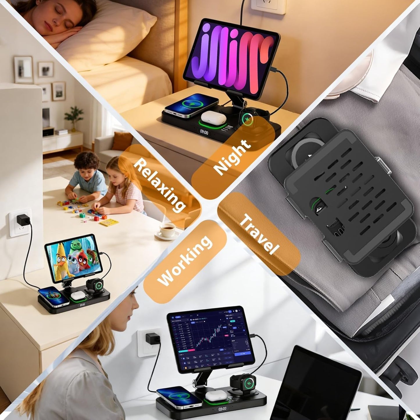 Wireless Charging Station for Apple Devices, Only for Apple Watch Charging | Included Type-C Cable for Tablet Charging, Foldable Wireless Charging Station, 7 Cycling Ambient Lights, Time Clock Display