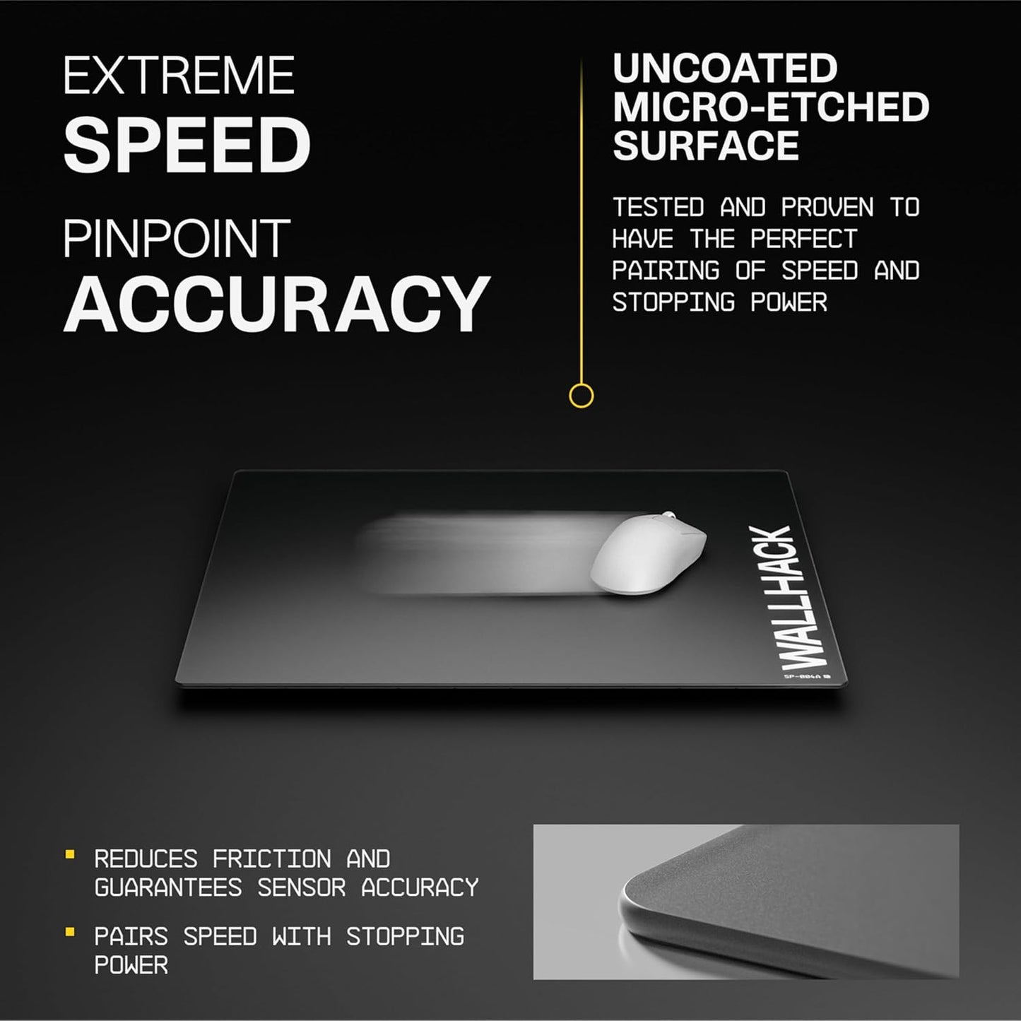 Wallhack SP-004A Glass Mouse Pad 15.4" x 17.7" Tempered Glass Mousepad for FPS & Esports Gaming, Compact Precision Surface, Smooth Tracking & Non-Slip 60A Silicone Base for Small Desk Setups, Black