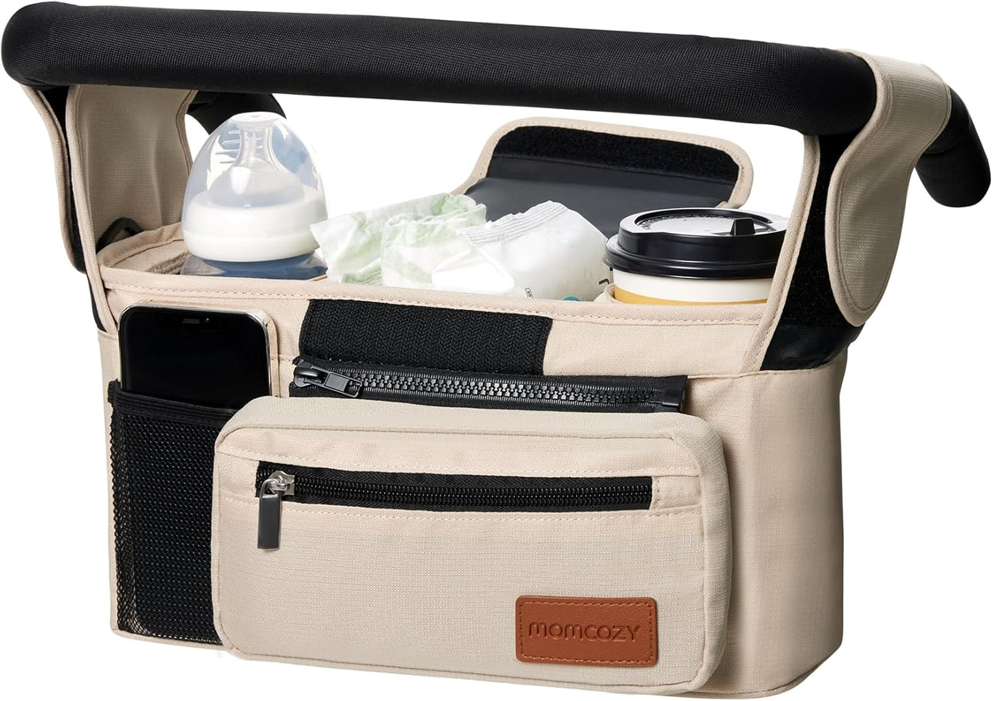 Momcozy Universal Baby Stroller Organizer, 2 Insulated Cup Holder, Detachable Zippered Pocket, Adjustable Shoulder Strap, Large capacity for baby essentials, Compact Design Fits Any Strollers