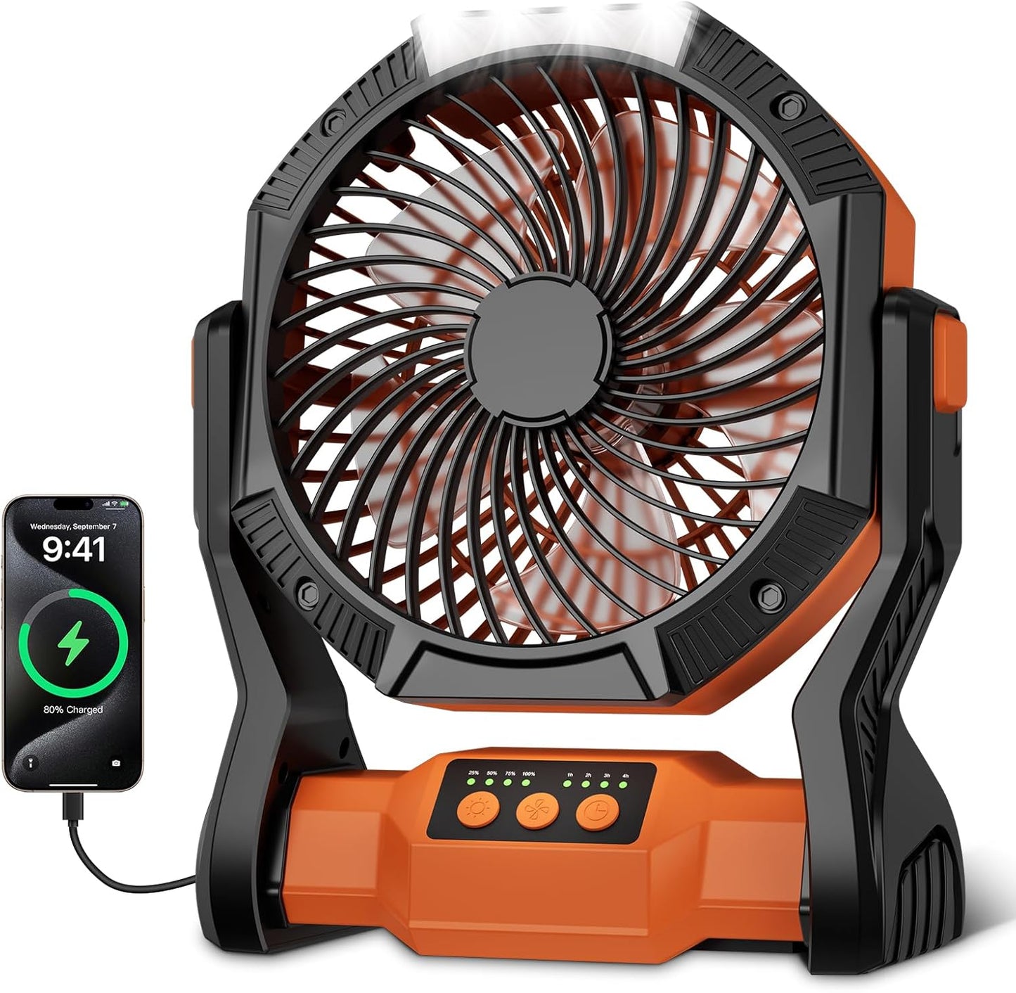 Portable Rechargeable Fan, 20000mAh Battery Powered Camping Fan with LED Light & Hook, 270° Adjustable, 4-Speed, 4H Timer Camping Essentials for Outdoor Tent Travel BBQ Car_Orange