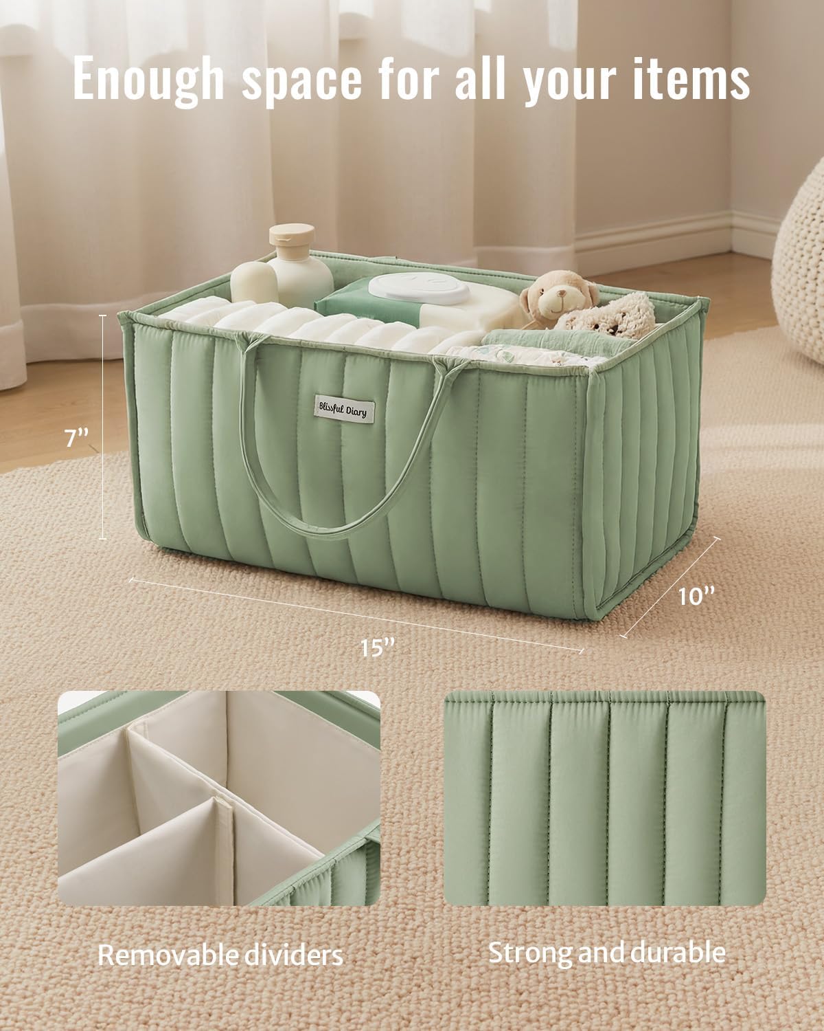 Blissful Diary Baby Diaper Caddy Organizer, Stylish Storage Basket for Newborn Essentials and Diaper Station, Gift for Baby Shower and Registry Must-Have, Sage Green
