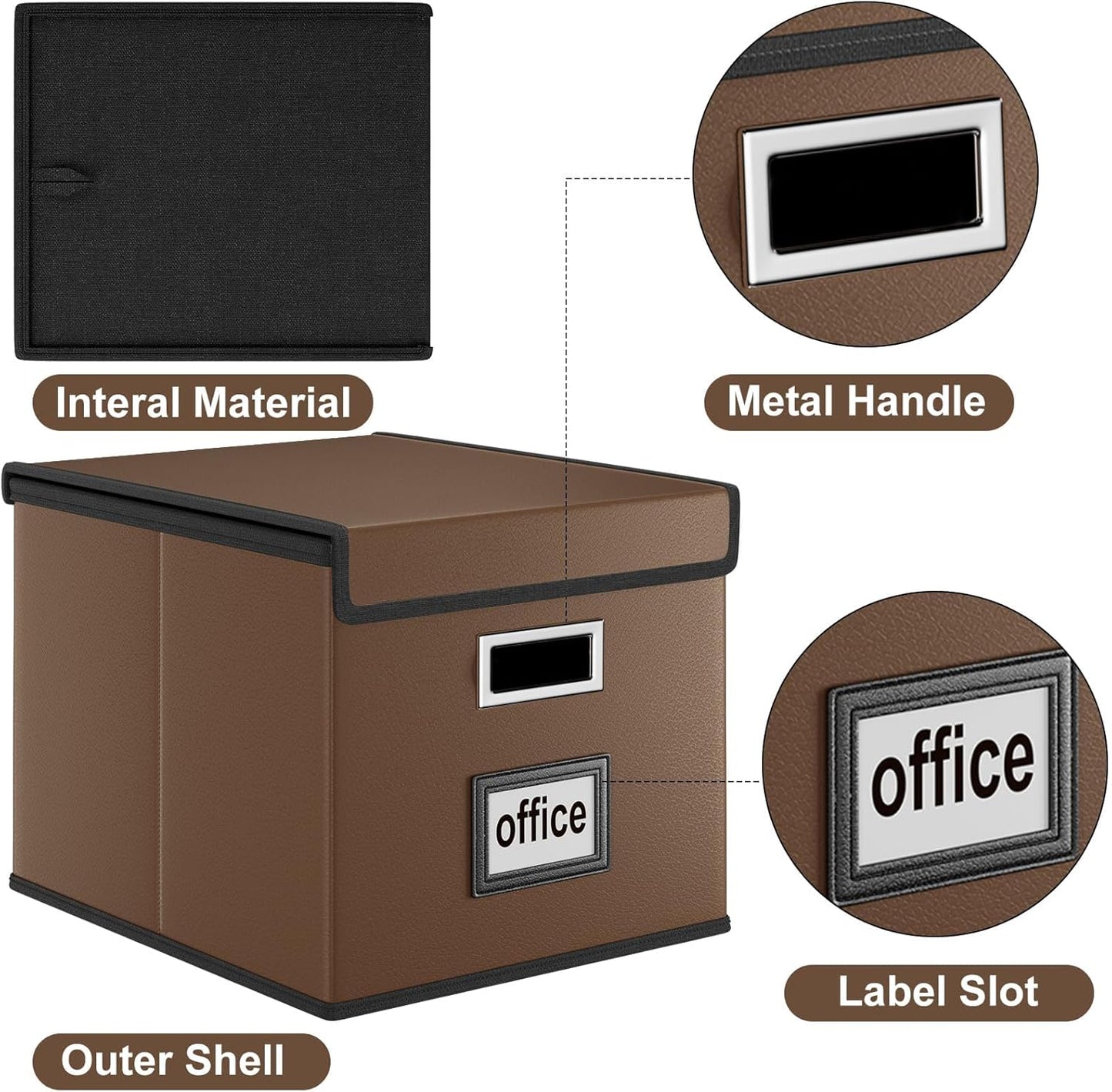 Faux Leather File Organizer Box with Lid, Collapsible Hanging File Folder Box Organizer with Plastic Slides, Decorative Home/Office Filing Boxes for File and Folder Storage - Dark Brown