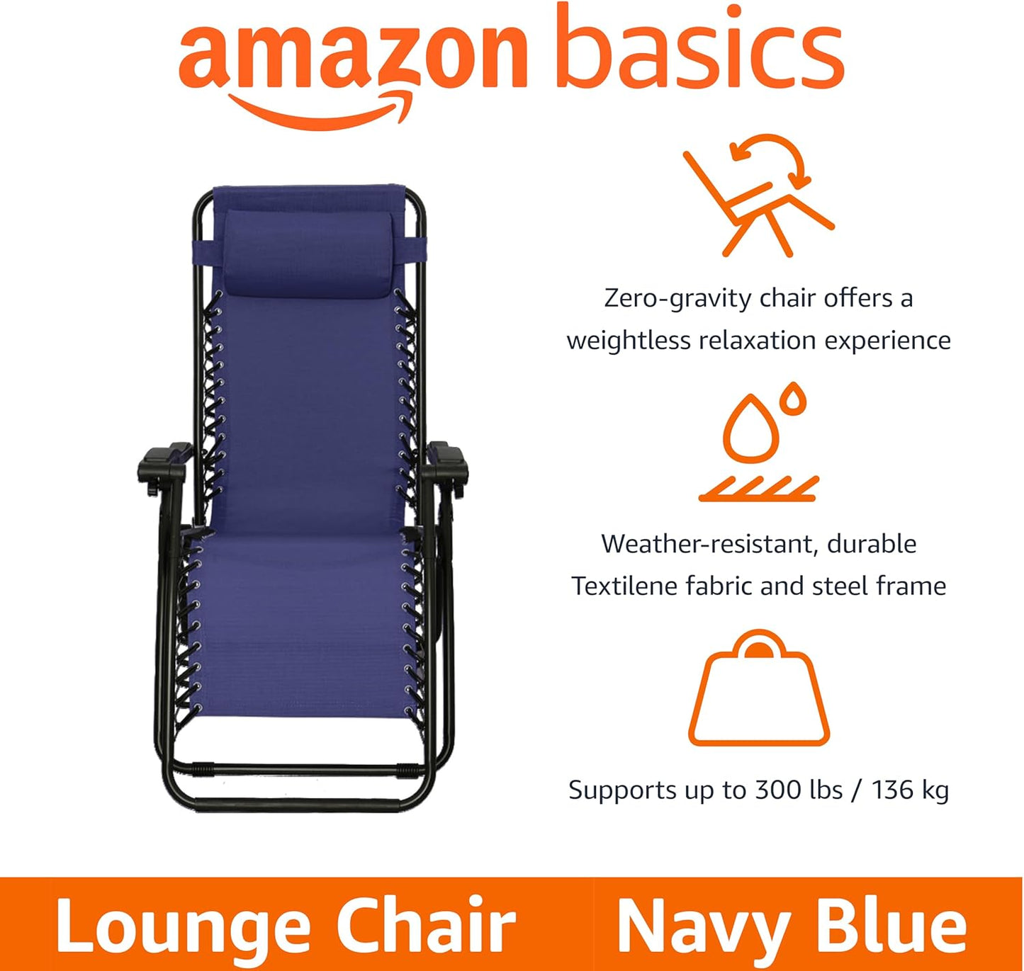 Amazon Basics Zero Gravity Lounge Chair with Pillow, Foldable Outdoor Reclining Chair for Patio and Beach, Weather-Resistant Textilene, 300 lb Capacity, 26", Navy Blue