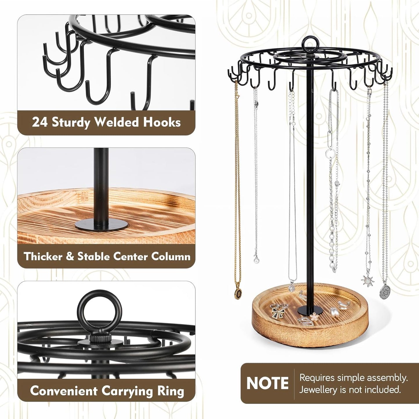 Rotating Necklace Holder, Necklace Organizer Tree Stand with 24 Hooks, Jewelry Necklace Display Stand, Wooden & Metal, Tall Spinning for Vendors Retail, Gift for Mother Women, Vintage Black