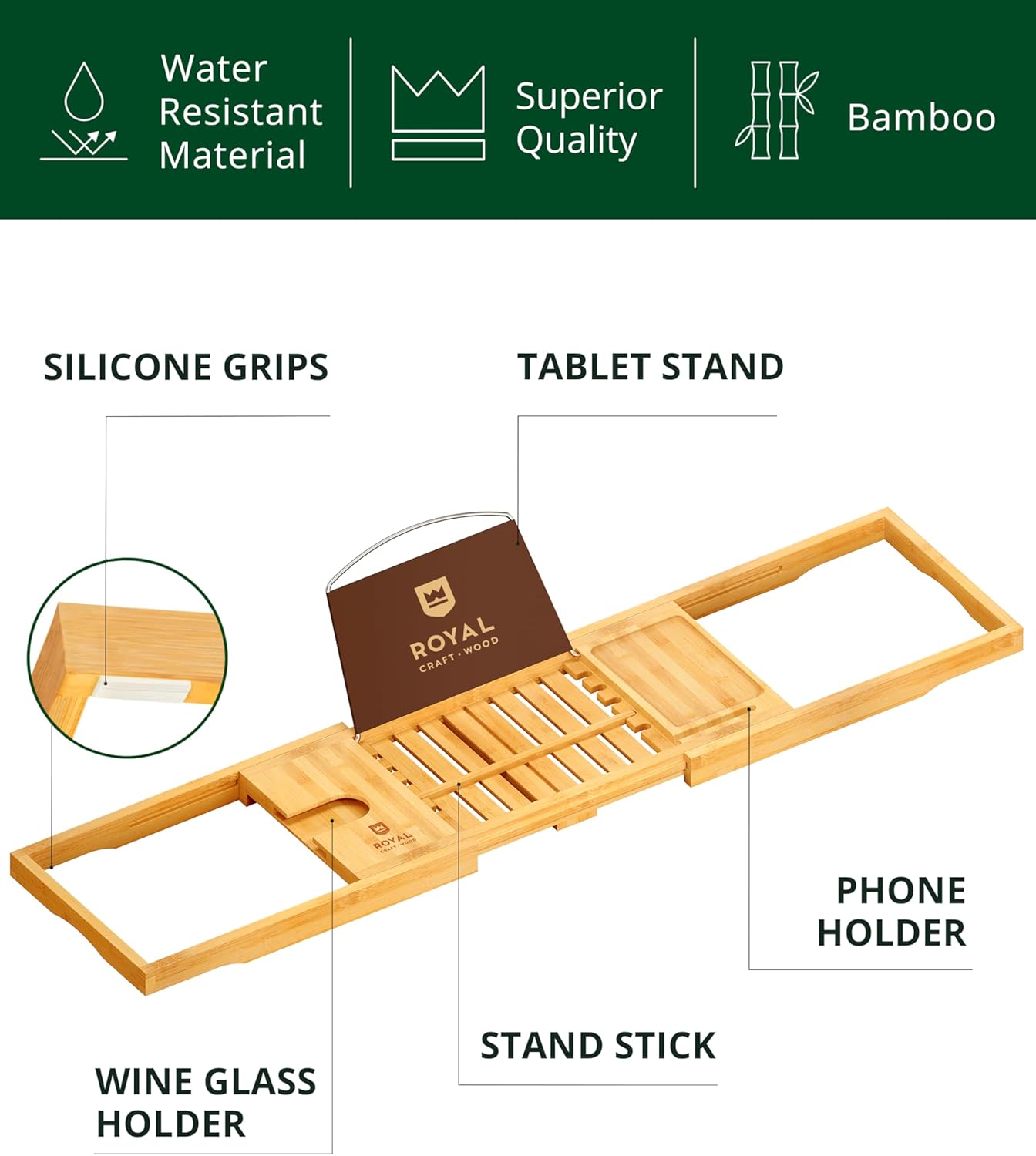 ROYAL CRAFT WOOD Premium Foldable Bathtub Tray Caddy - Wood Bath Tray for Tub, Bamboo Shelf, Expandable Bath Table Trays, Bathtub & Bathroom Accessories for New Home & Mothers, Birthday Gifts for Mom