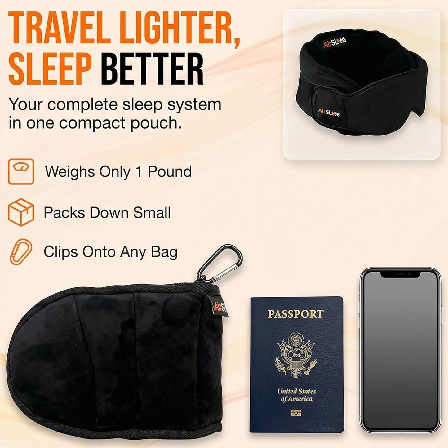 3-in-1 Airplane Sleep Support System - Integrated Plane Sleeping Accessories with Memory Foam Long Haul Flight Pillow, Adjustable Travel Eye Mask, and Blanket-Like Body Sling - Fits in Carry On