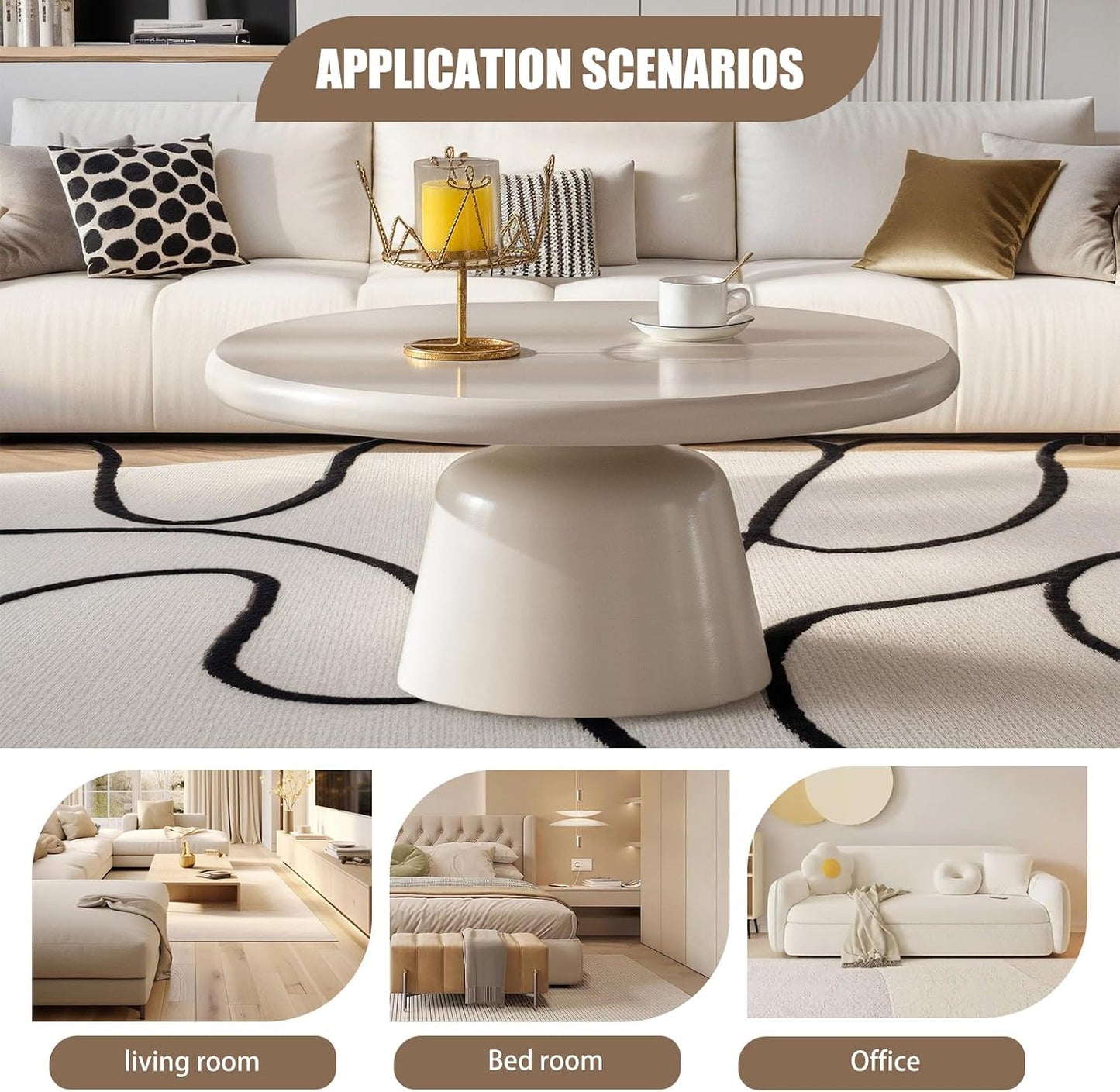 White Round Coffee Table (G White 31.5in) | Modern Unique Coffee Table for Living Room，Round Pedestal Center Table for Farmhouse