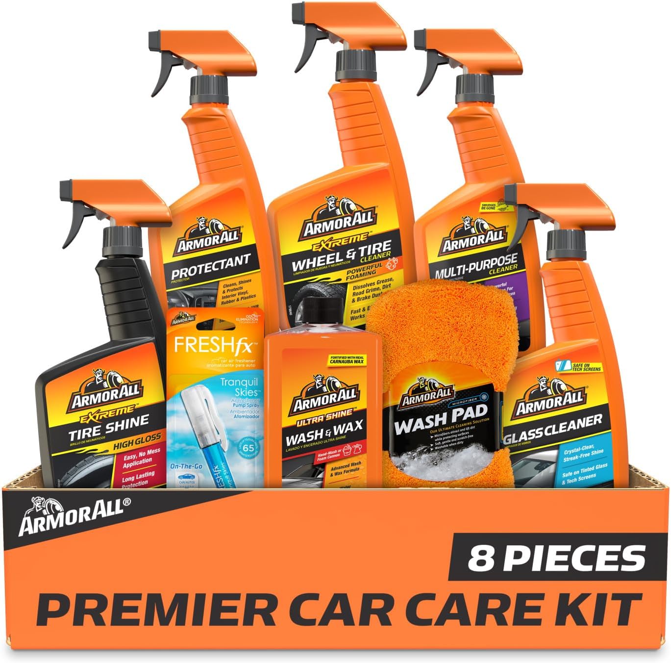 Armor All Premier 8-Piece Car Care Kit - Complete Car Detailing Set with Wax, Wash, Glass & Tire Cleaners, Gift for Car Lovers