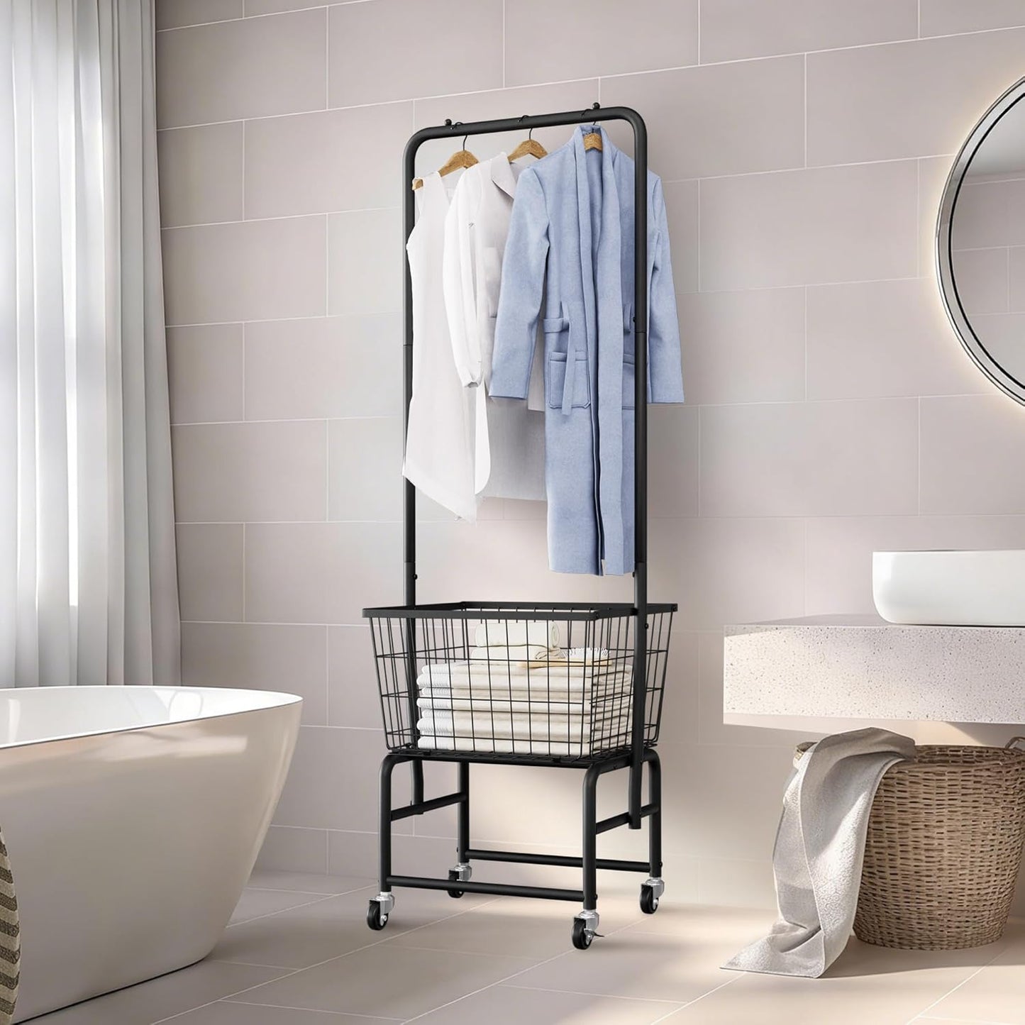 Rolling Laundry Cart with Wheels, Laundry Hamper Basket Organizer with Clothes Hanging Rack, Wire Storage Cloth Shelf Butler, Black