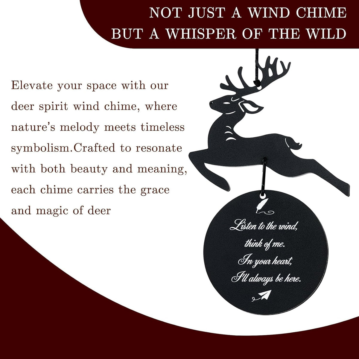 Wind Chimes for Outside, 32" Memorial Wind Chimes for Loss of Loved One Mother Father, Memorial Sympathy Gift Outdoor Garden Patio Decor, Deer Xmas Decorations (Black)