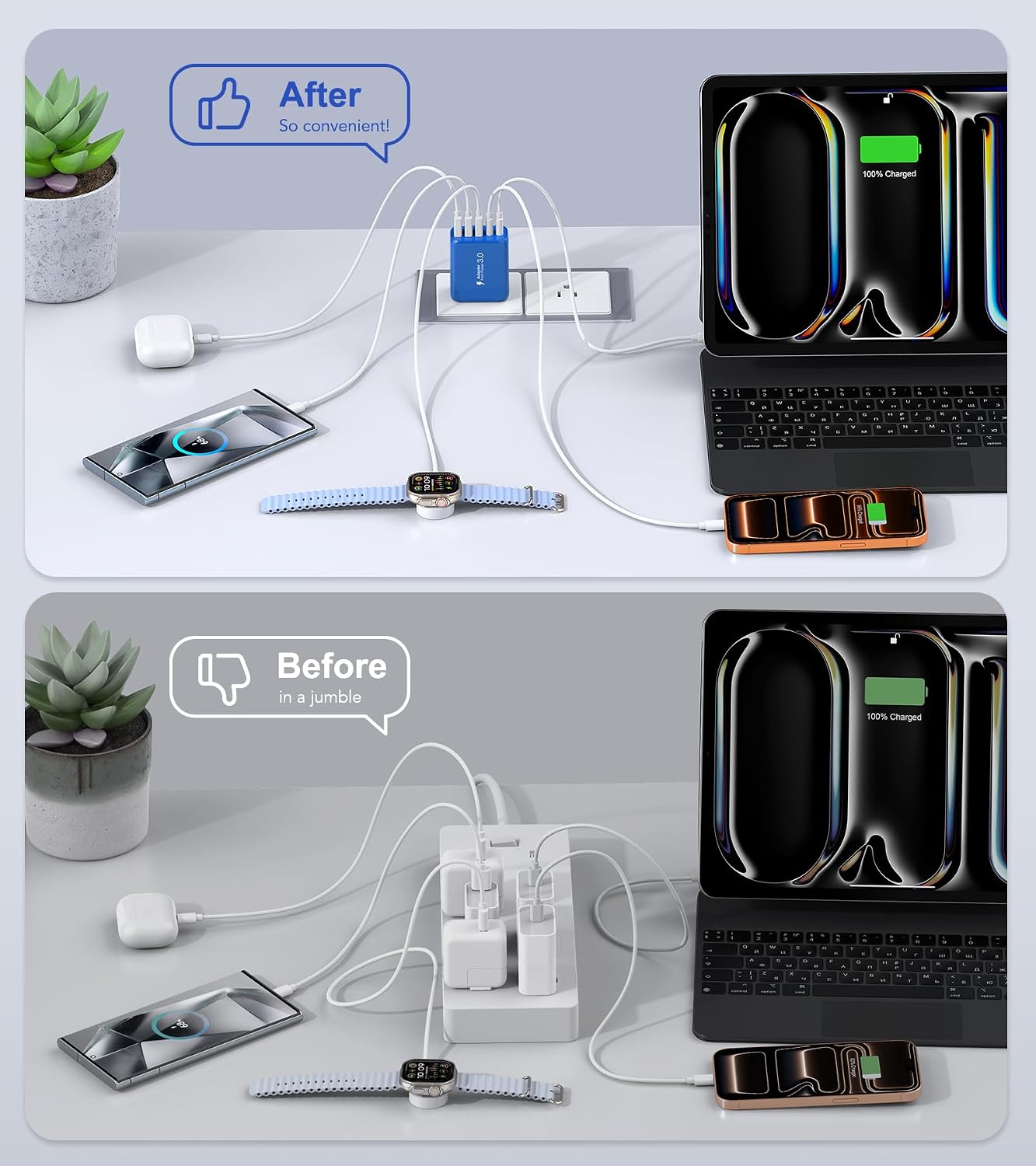 (2-Pack) 50W USB C Wall Charger Block, 5-Port C Charger Fast Charging Block PD Power Adapter +QC Multiport Type C Box Brick Cube USB A Wall Plug for iPhone 15/16/17 Pro Max,Samsung (Dark Blue)