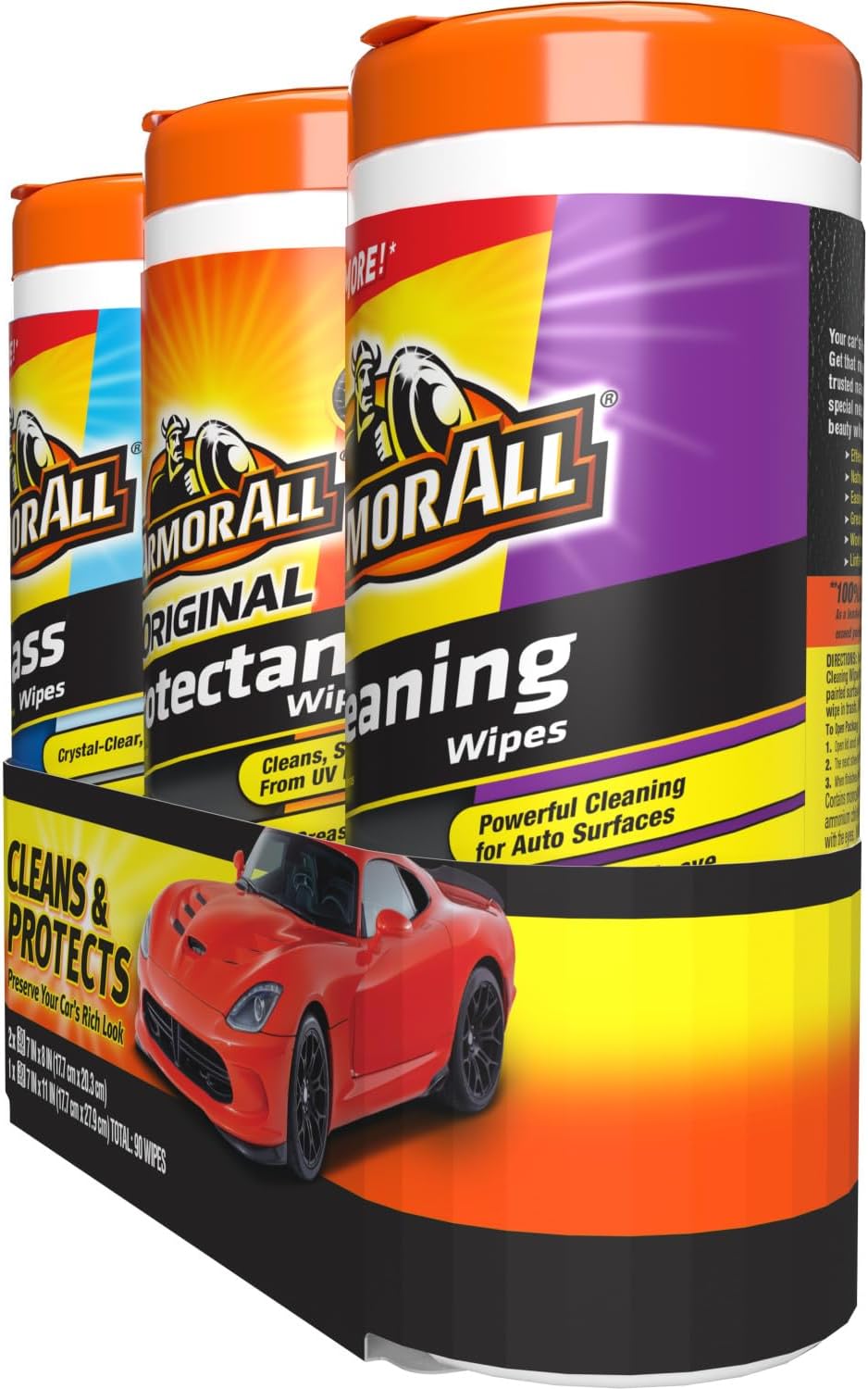 Armor All Car Interior Value Pack, 90 Count, Includes Auto Glass Cleaner, Cleaning Wipes and Protectant Wipes