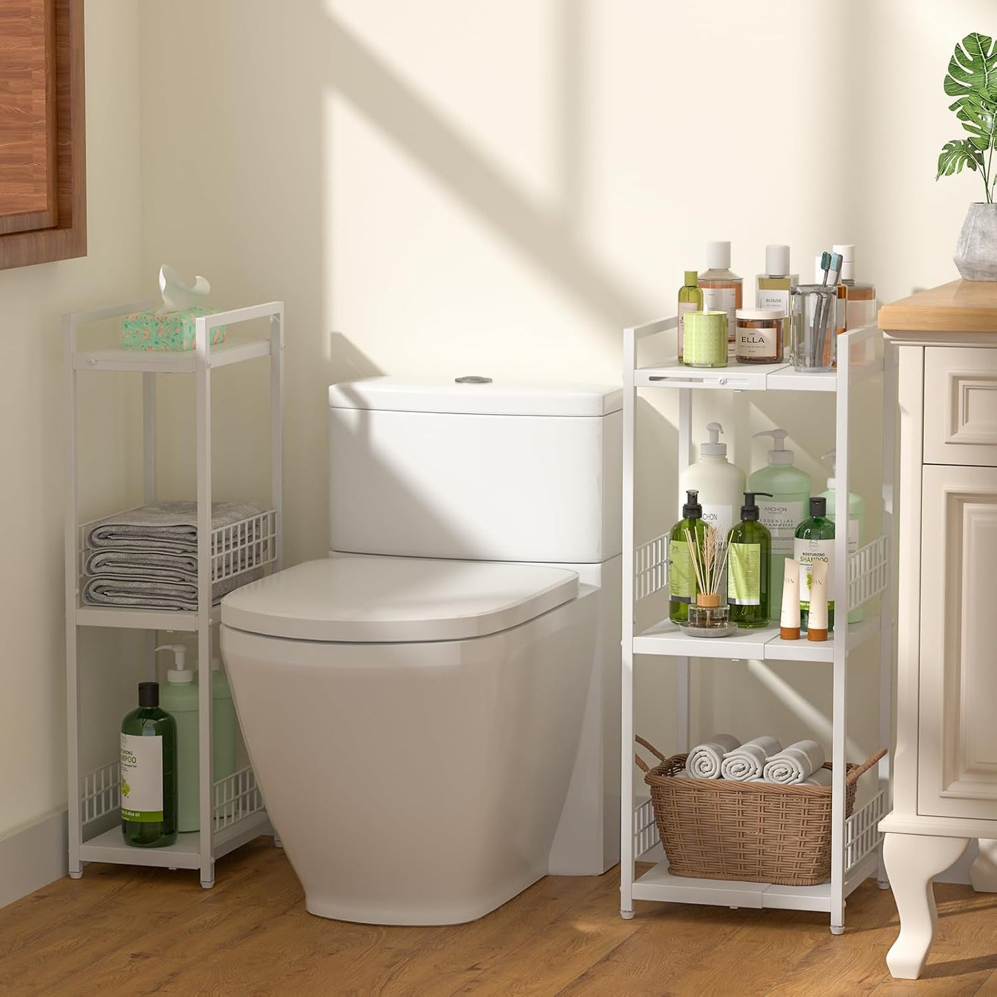 DAOUTIME Expandable Slim Storage Shelf, 3 Tier Metal Shelving Unit for Bathroom Storage Organizer, Free-Standing Narrow Shelf, Open Floor Shelves for Small Spaces,Laundry,Bathroom,Kitchen, White
