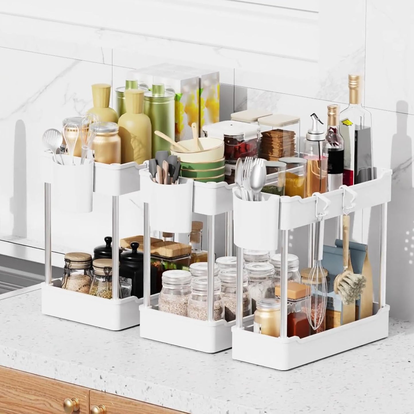 3 Pack Under Sink Organizers and Storage, 2 Tier Bathroom Cabinet Organizer Shelf with Hanging Cups for Kitchen & Bathroom (White)