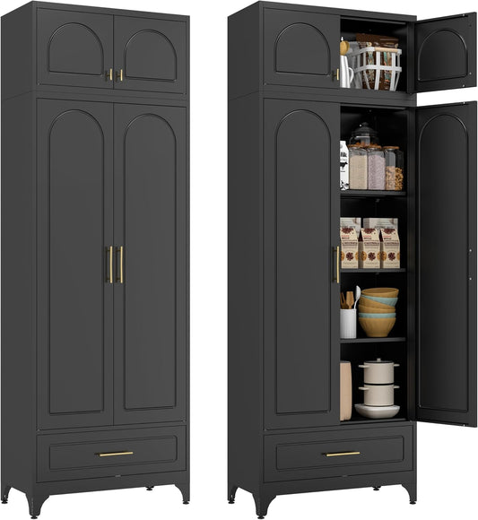 Polup Kitchen Pantry Cabinet, 90" Tall Metal Storage Cabinet with Drawer | Black Heavy-Duty Steel Cupboard, 4 Doors, 3 Adjustable Shelves, Magnetic Latch, Gold Handles, for Dining Living Room, Laundry
