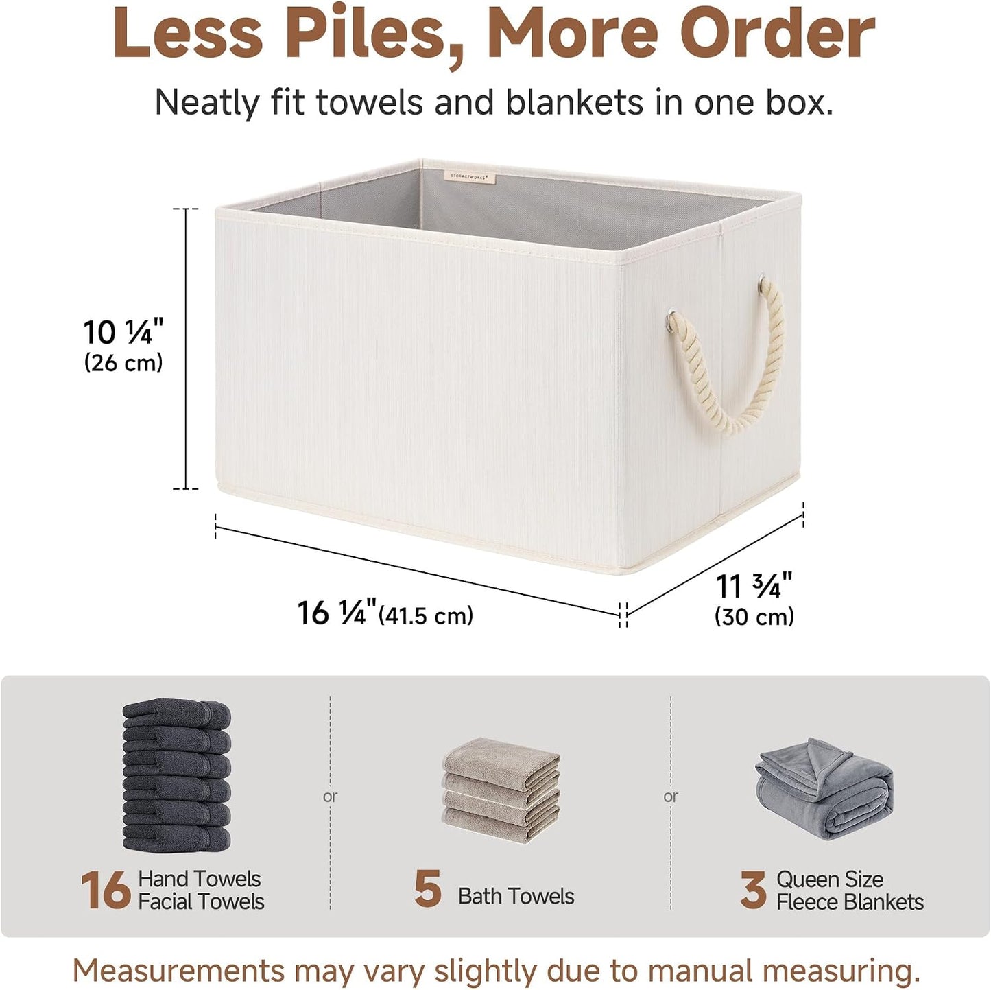 StorageWorks Fabric Storage Bins with Rope Handles, Beige, Extra Large | Collapsible Closet Storage Bins, Closet Organizer Bins for Clothes, Fabric Shelf Baskets and Storage