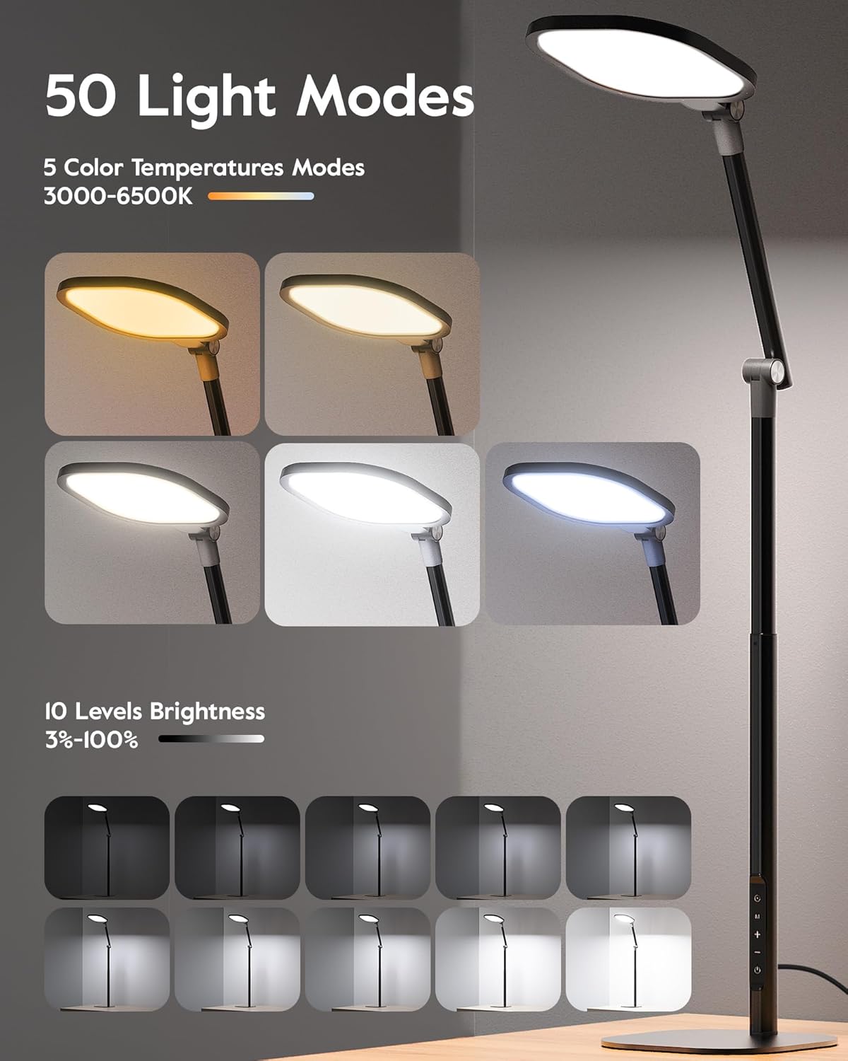 LitONES Led Desk Lamps for Home Office with Base, Tall Desk Lamp with 50 Light Modes & Memory and Timer Func Computer Light, Flexible Adjustable Table Lamps for Video Conference, Architect