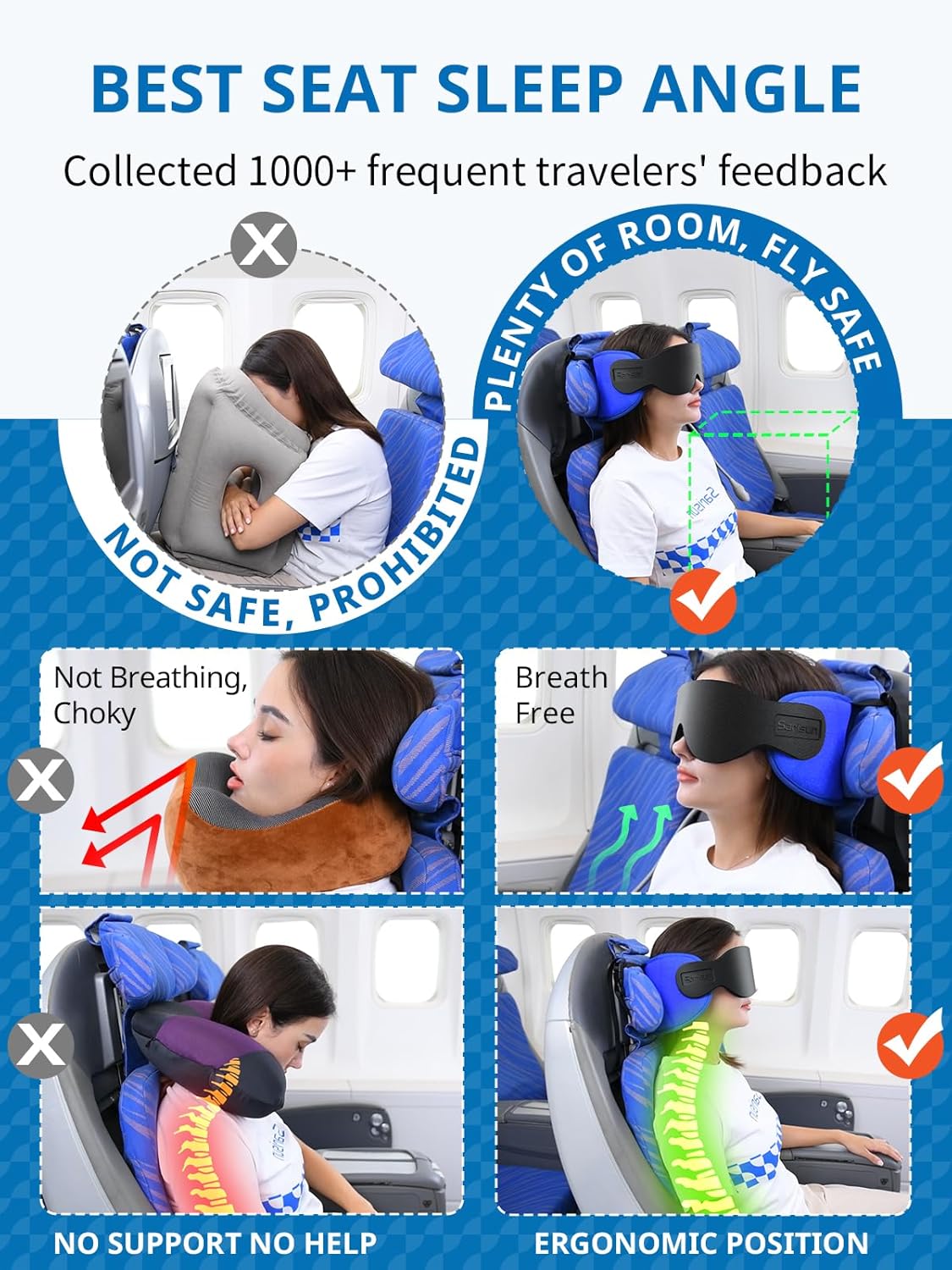 SARISUN Travel Pillows for Airplanes, Airplane Pillow for Long Flight, Airplane Head Strap with Sleep Eye Mask, 360° Headrest for Car Trip, Stop Bobblehead, Mottled Grey