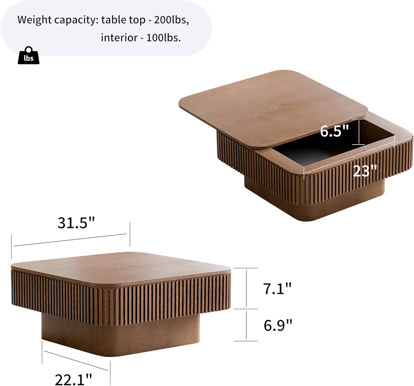 31.5" Square Coffee Table with Hidden Storage Compartment, Modern Handcraft Fluted Drum Coffee Table, Wooden Square Center Table Cocktail Tea Table with Sturdy Pedestal for Living Room,Walnut