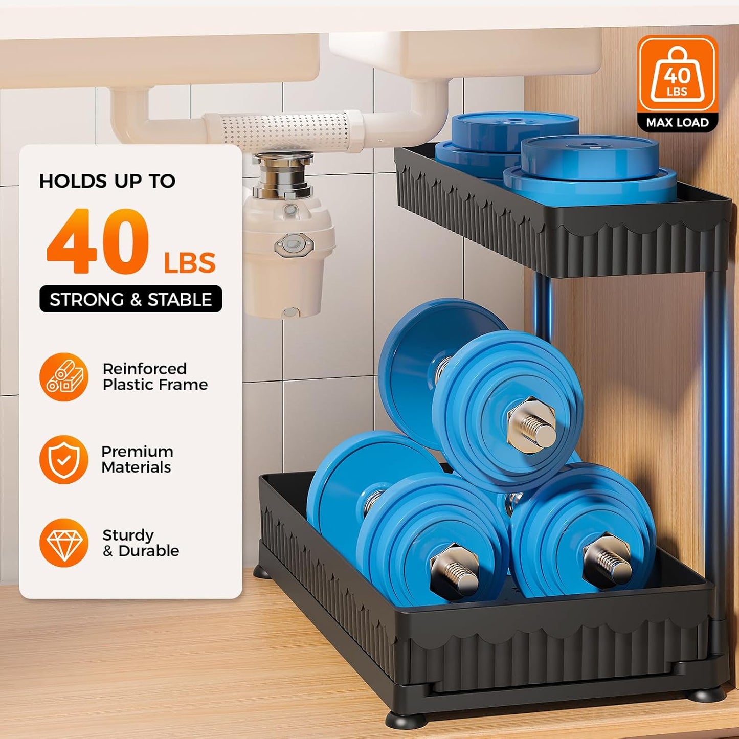 Sevenblue 3 Pack Multi-Purpose Pull-Out Storage Organizers, 2-Tier L-Shaped Under Sink/Cabinet Organizers and Storage for Bathroom & Kitchen, (Black, 12.85 Inches)