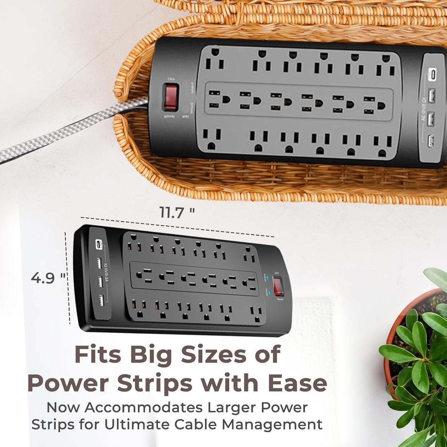 Cable Management Box, Handmade Rattan Cord Organizer for Power Strip | Large Oval Cord Hider with Open Slots for Power Strip, Router & USB Hub
