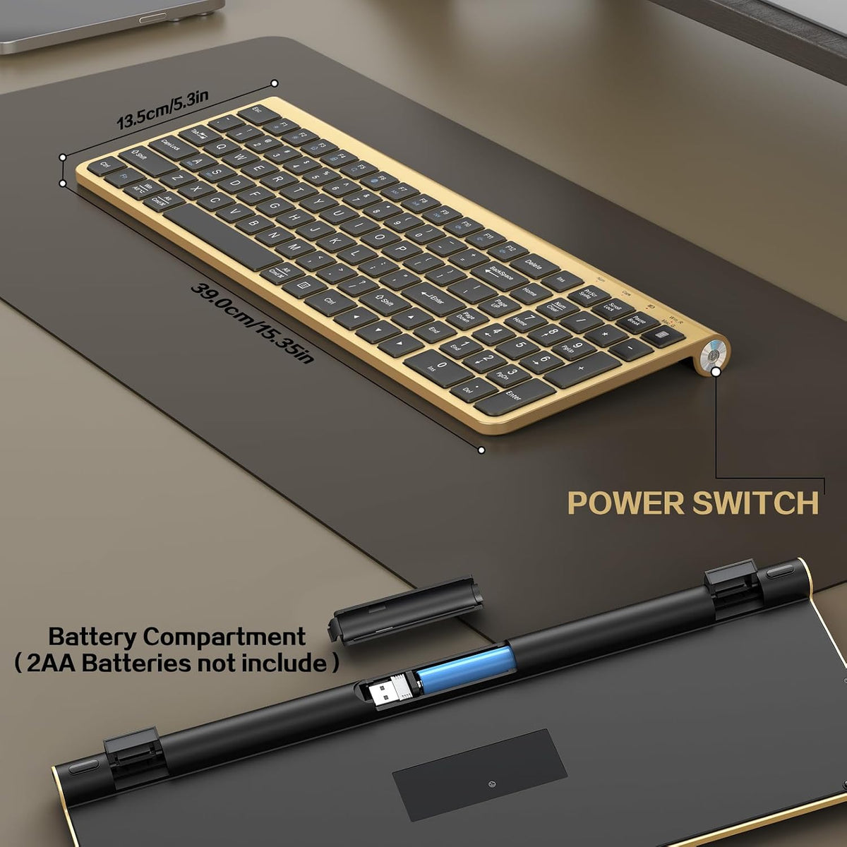 JOYACCESS Black Gold Wireless Keyboard with Low-Profile Keys - 2.4GHz Full-Sized,Windows & Mac OS, Quiet,Ergonomic Keyboard for Computer, Laptop, PC, Mac,Windows- Gold