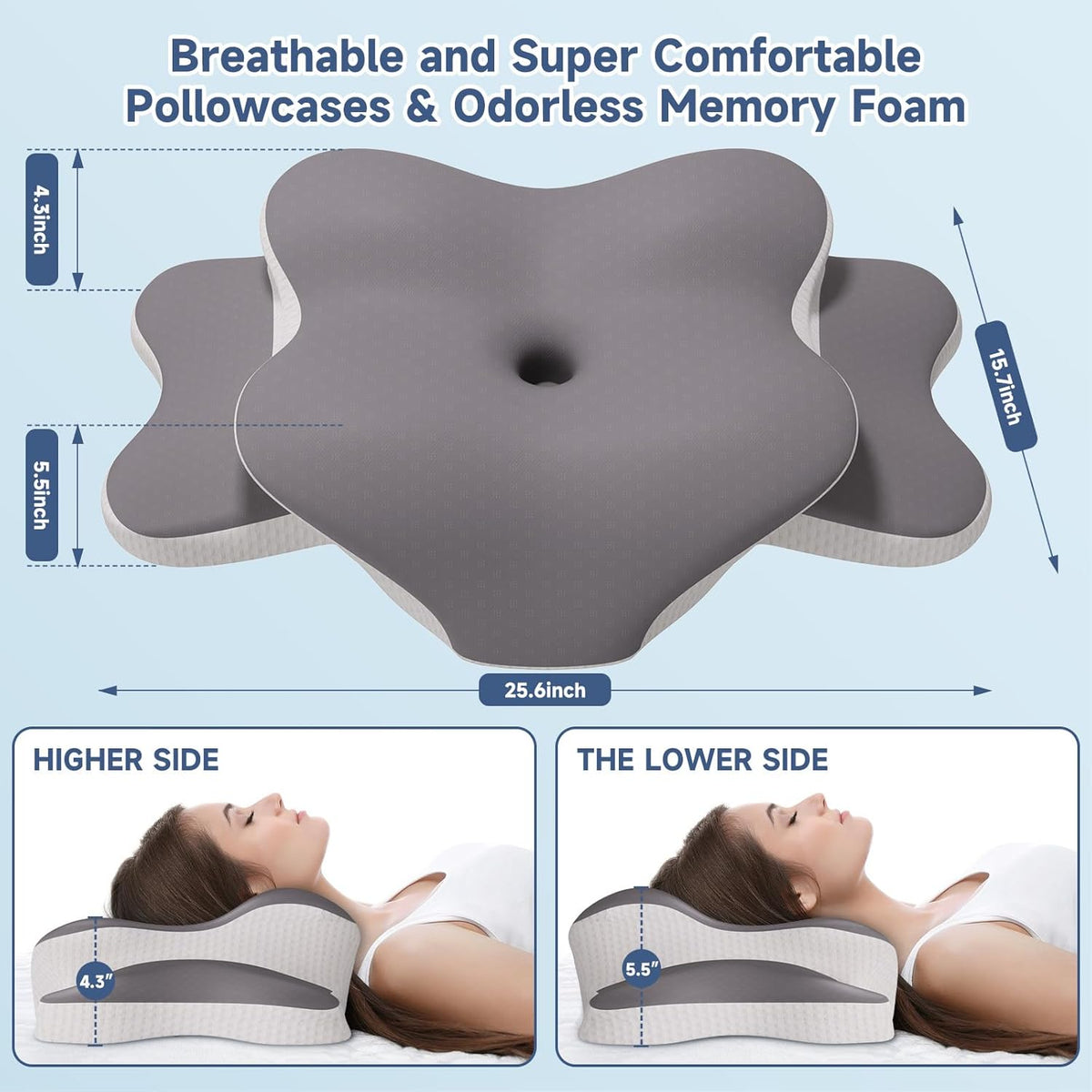 Sleep Apnea Pillow Ergonomic Cervical Neck Pillow for Pain Relief，Support Cooling Contour Memory Foam Pillows for Side Back Stomach Sleepers Orthopedic Pillow with Removable Cover