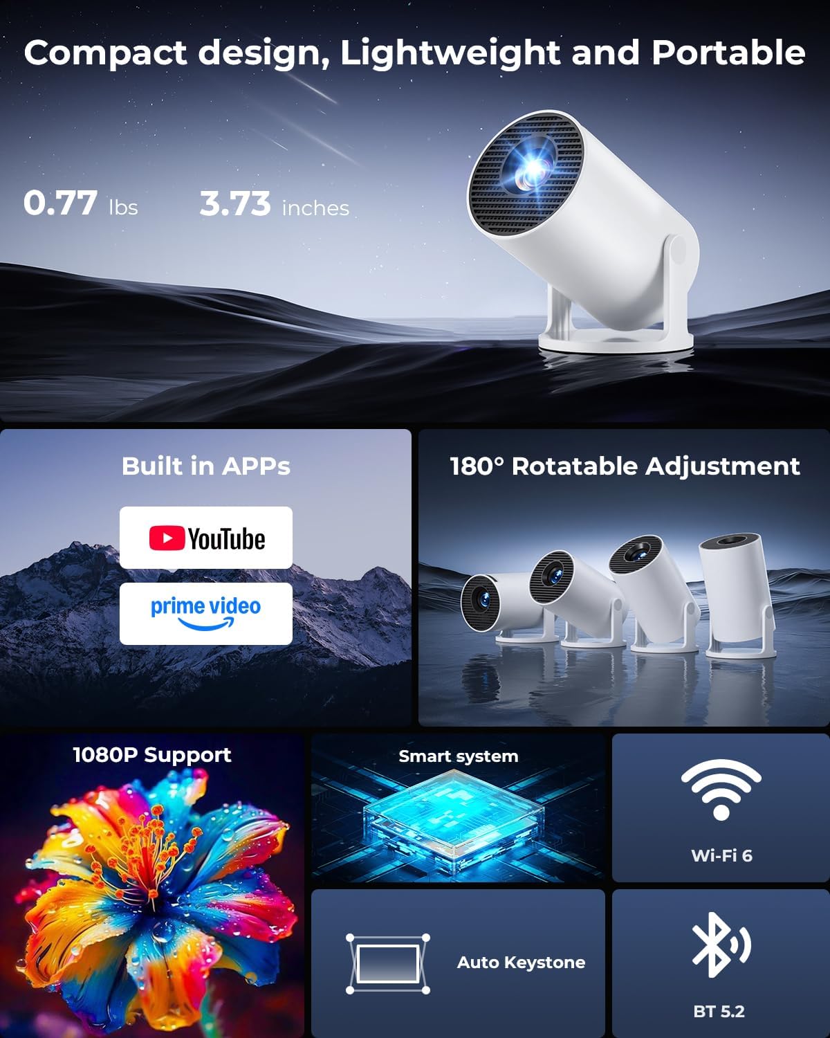 Mini Projector, Portable Projector with Wifi and Bluetooth, Built in Apps, Support 4K 1080P, 180° Rotation, Auto Keystone, Movie Projector Compatible With HDMI/USB/TV Stick/Smartphone/Laptop
