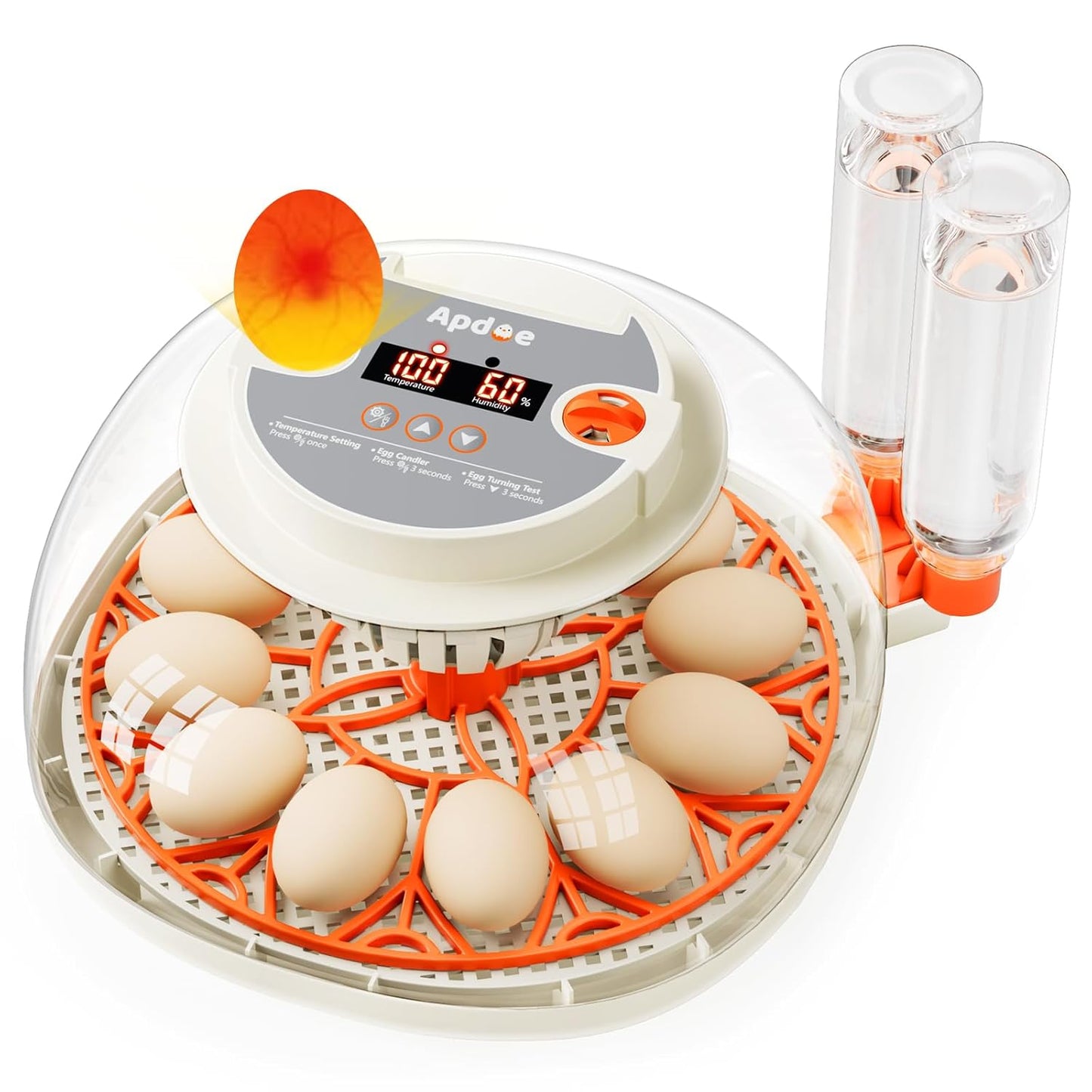 APDOE Egg Incubators for Hatching Eggs, Temperature and Humidity Control, Automatic Egg Turning, Egg Candler, External Water Bottle, Air Vent, for Chicken, Duck & Quail Eggs, 12 Eggs
