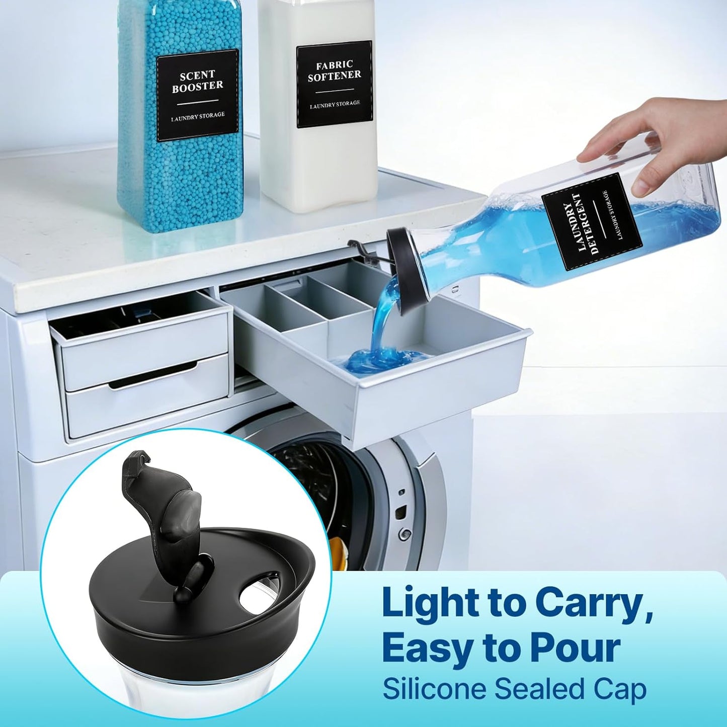 3 Pack Laundry Detergent Dispenser, Laundry Soap & Fabric Softener Dispenser, 54oz Laundry Detergent Containers, Laundry Room Organization and Storage Plastic Bottle for Scent Booster, Powder, Bleach