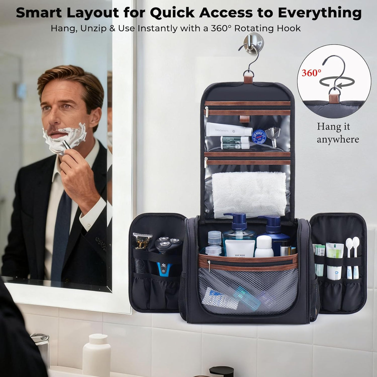 Ralnitote Large Hanging Toiletry Bag for Men, Travel Bathroom Bag with Hook, Hygiene Bag Organizer for Shower, Shaving & Grooming Essentials, Black